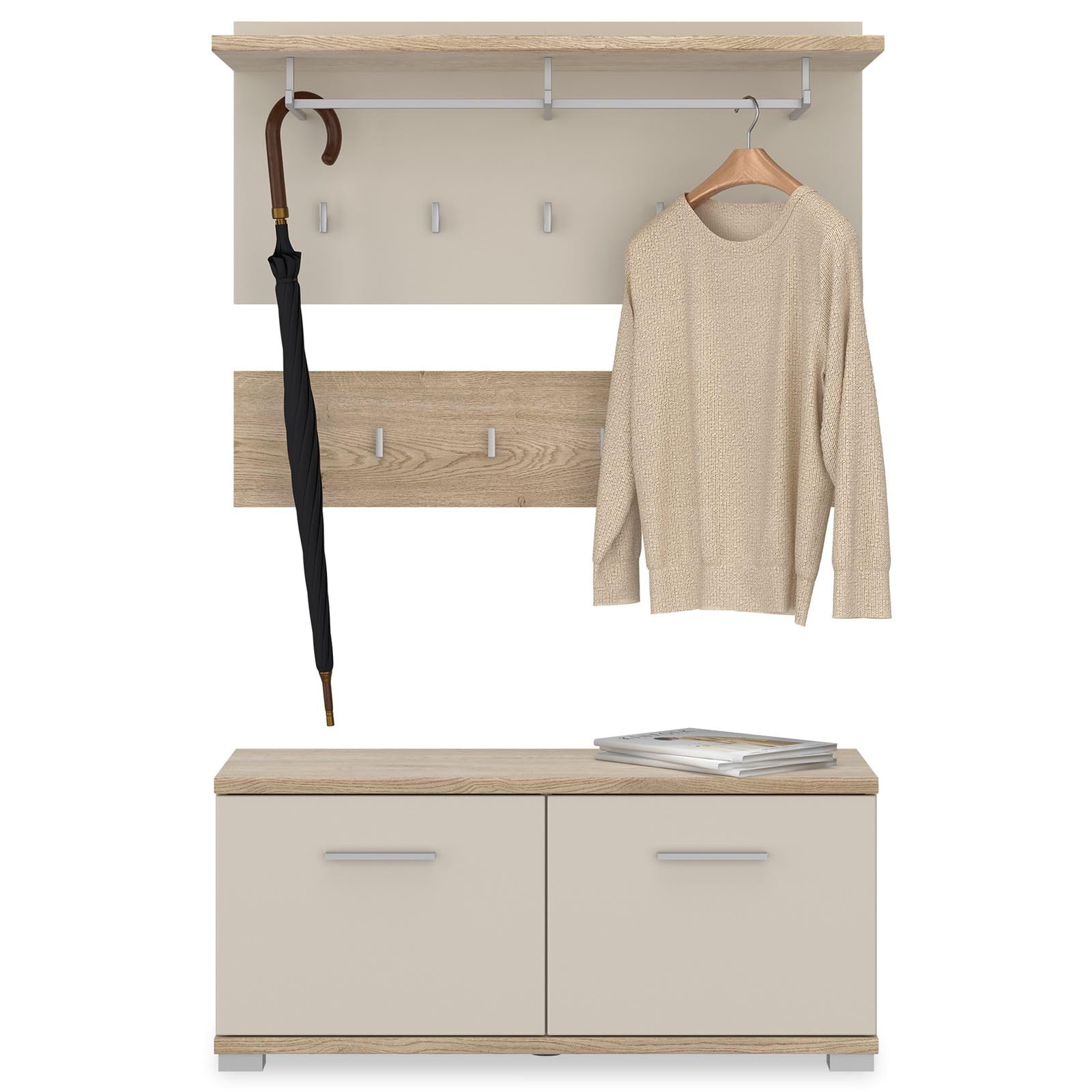 IDIMEX Garderobenset Bilbao 3-teilig, Cremona Eiche/Kaschmir, ideal für Flur und Eingangsbereich, mit 9 Haken, Kleiderstange, Hutablage und Schuhbank