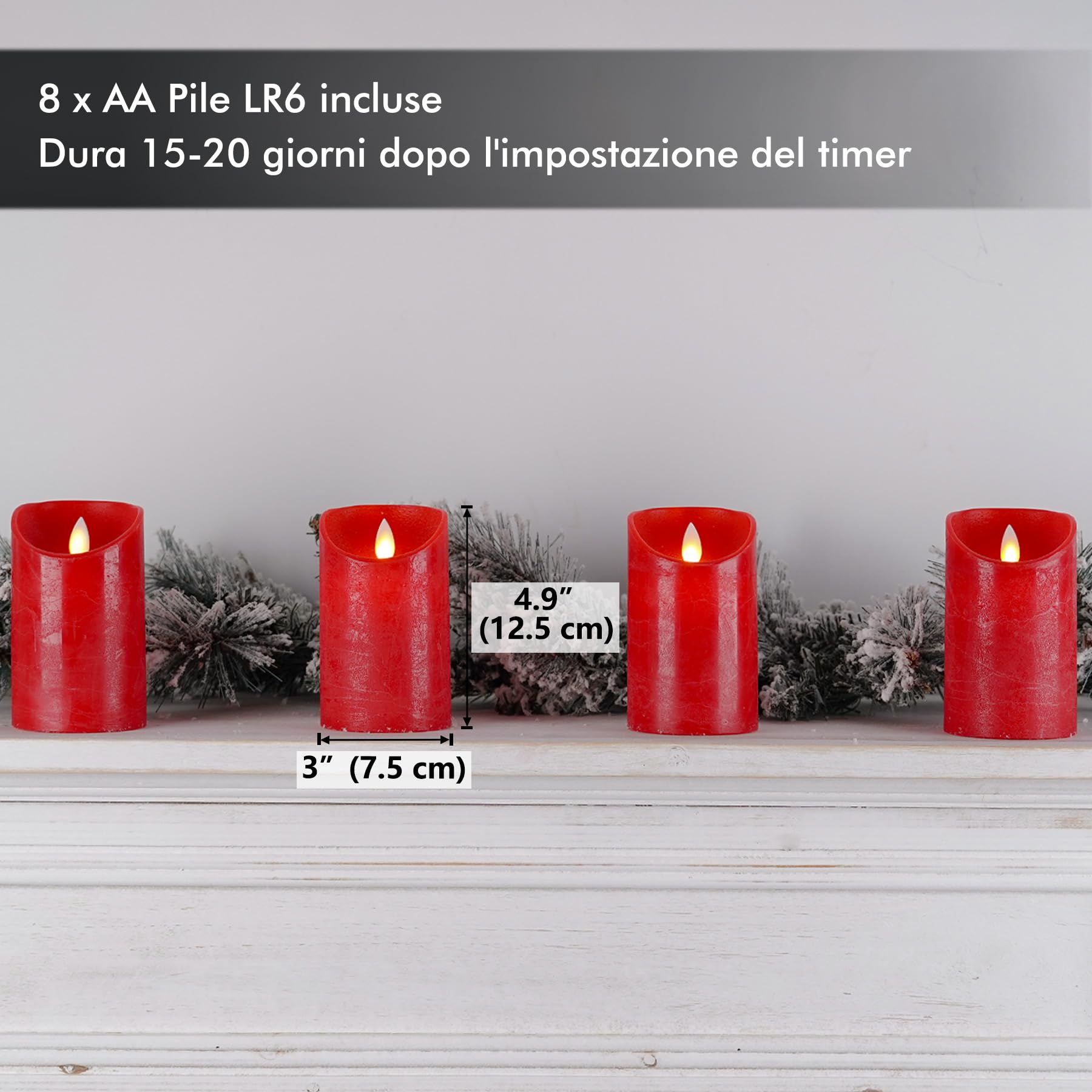 Fanna 4 Candele Rosse Natalizie LED Fiamma Oscillante con Telecomando e Batterie, Candele Avvento con Timer per Natale Uso Interno - Ø 7,5cm x H 12,5 cm
