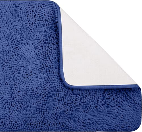 Miniatura 4 de ENKOSI Juego de 2 alfombras de baño de chenilla azul marino  Juego de 2 alfombras de baño  Tapete de inodoro en forma de U  Alfombra de baño azul