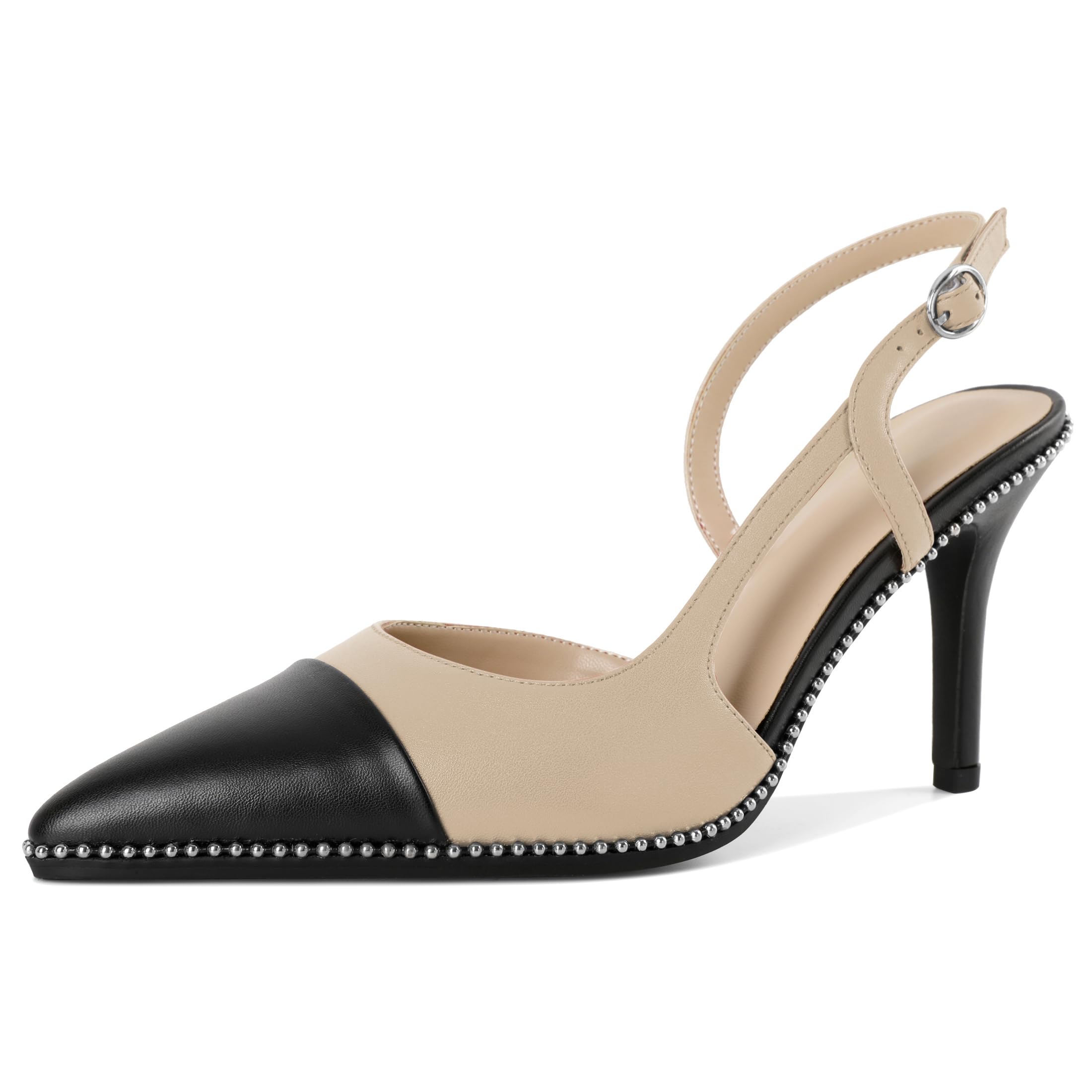 Soireelady Womens Sling Back Heels Pointed Cap Toe Beaded Pumps Stilettos High Heel Pumps Slip On D'Orsay Heels Dress Shoes Wedding 3.5 Inch