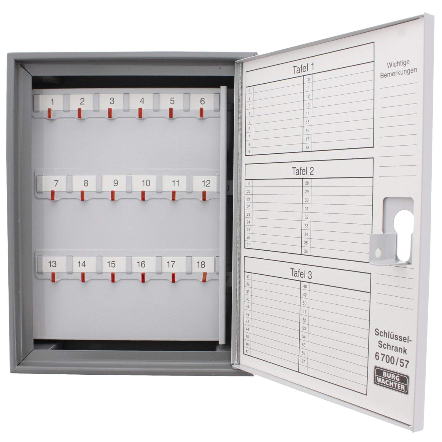 Burg-Wächter Schlüsselschrank zur Wandmontage, vorgerichtet für Profil-Halbzylinder (Normallänge), ohne Zylinder, 57 Haken, Türanschlag rechts, Stahlblech, 6700/57 R V-PZ, Dunkelgrau/Hellgrau