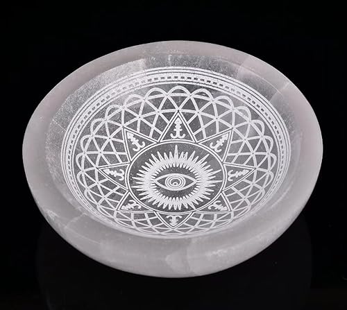 AMOYSTONE Cuenco de selenita natural para cargar placa de selenita, cuenco de cristal, plato de selenita grabado de ojo del diablo, plato de