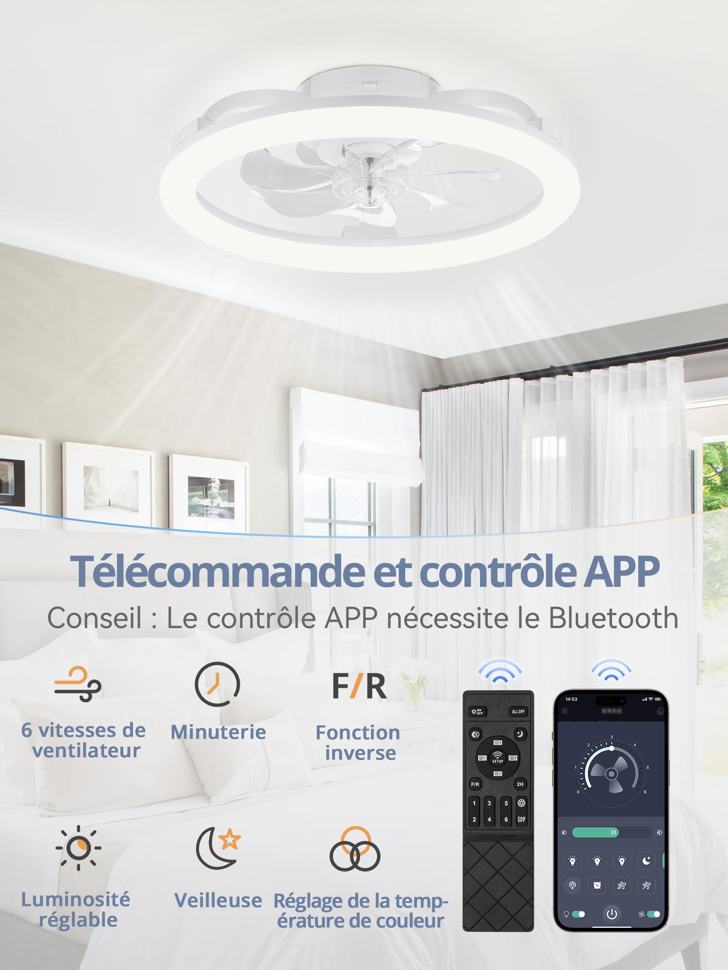 ZMISHIBO Ventilateur Plafond avec Lampe et Télécommande, Lustre Ventilateur de Plafond Moderne Dimmable, 6 Vitesses, Commande APP, Ventilateur Silencieux Encastrable avec Lampe Intégrée (Blanc)