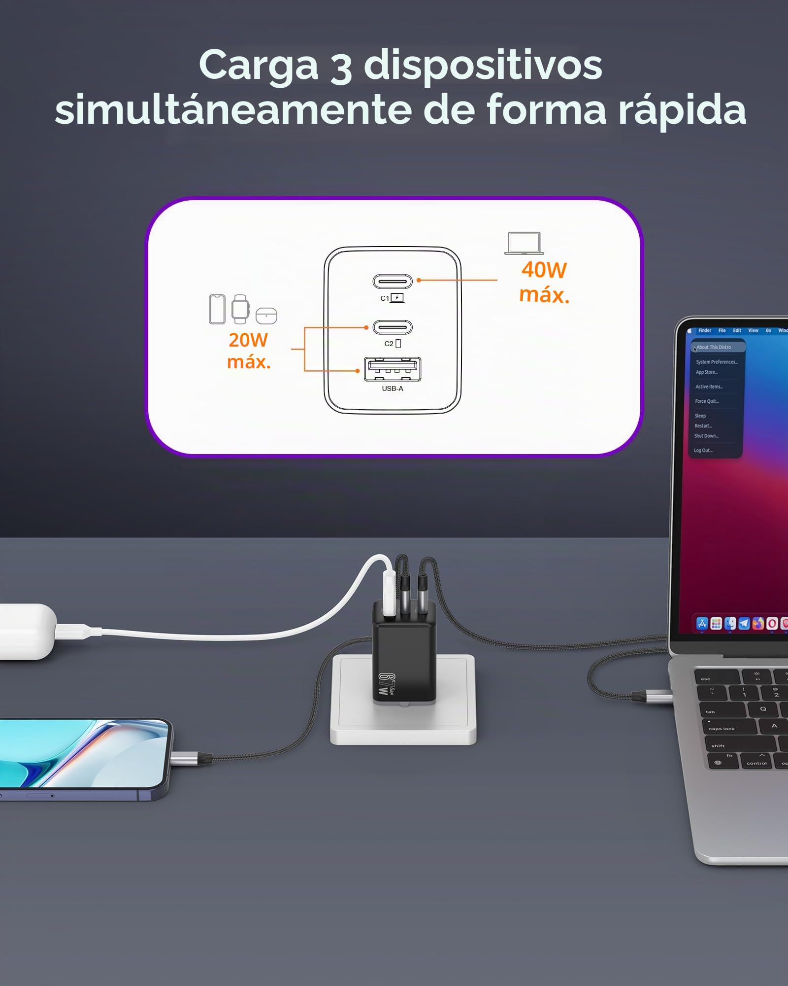 NOVOO USB C cargador rápido 67W adaptador de 3 puertos con 1 cable, GaN Tech