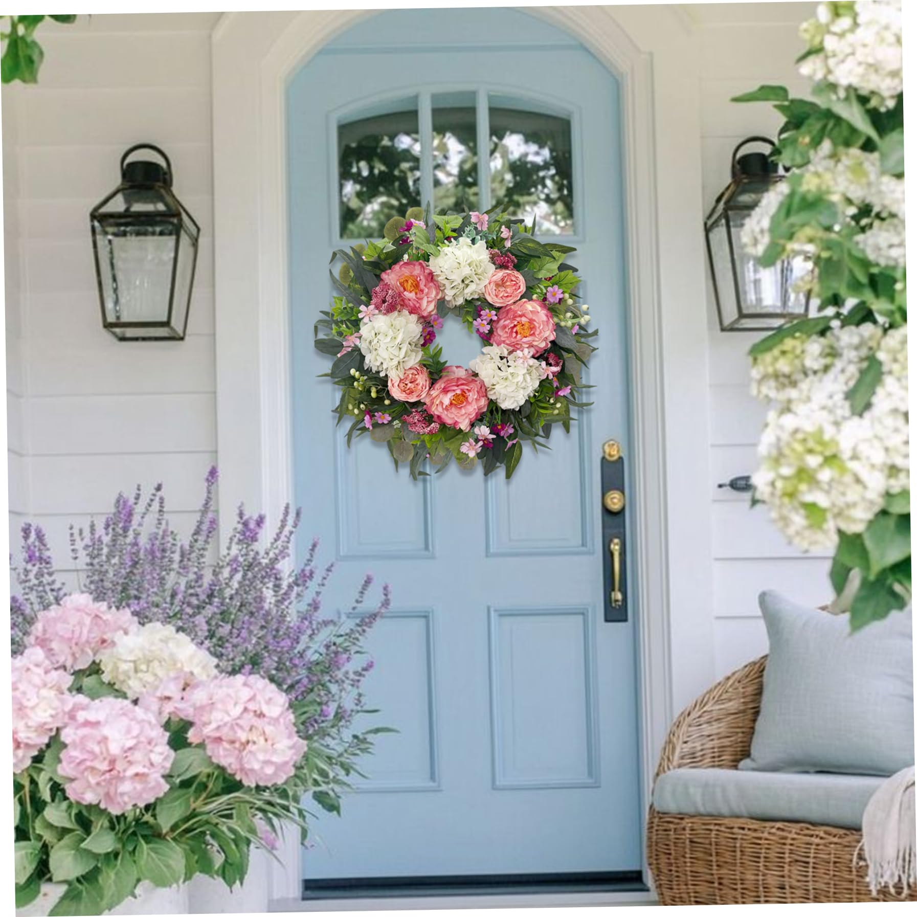 Frühlingskranz, 55, 9 cm, Hortensien und Pfingstrosen, Blumenkranz für die Haustür, handgefertigt, Elegante Willkommenskränze für draußen und drinnen