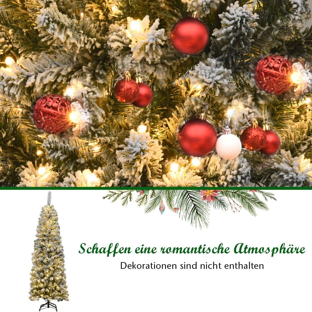 COSTWAY Kunstkerstboom, 150/180 cm, dennenboom met verlichting, warm witte leds, slanke kerstboom voor Kerstmis, kunstboom met metalen standaard, groen (180 cm