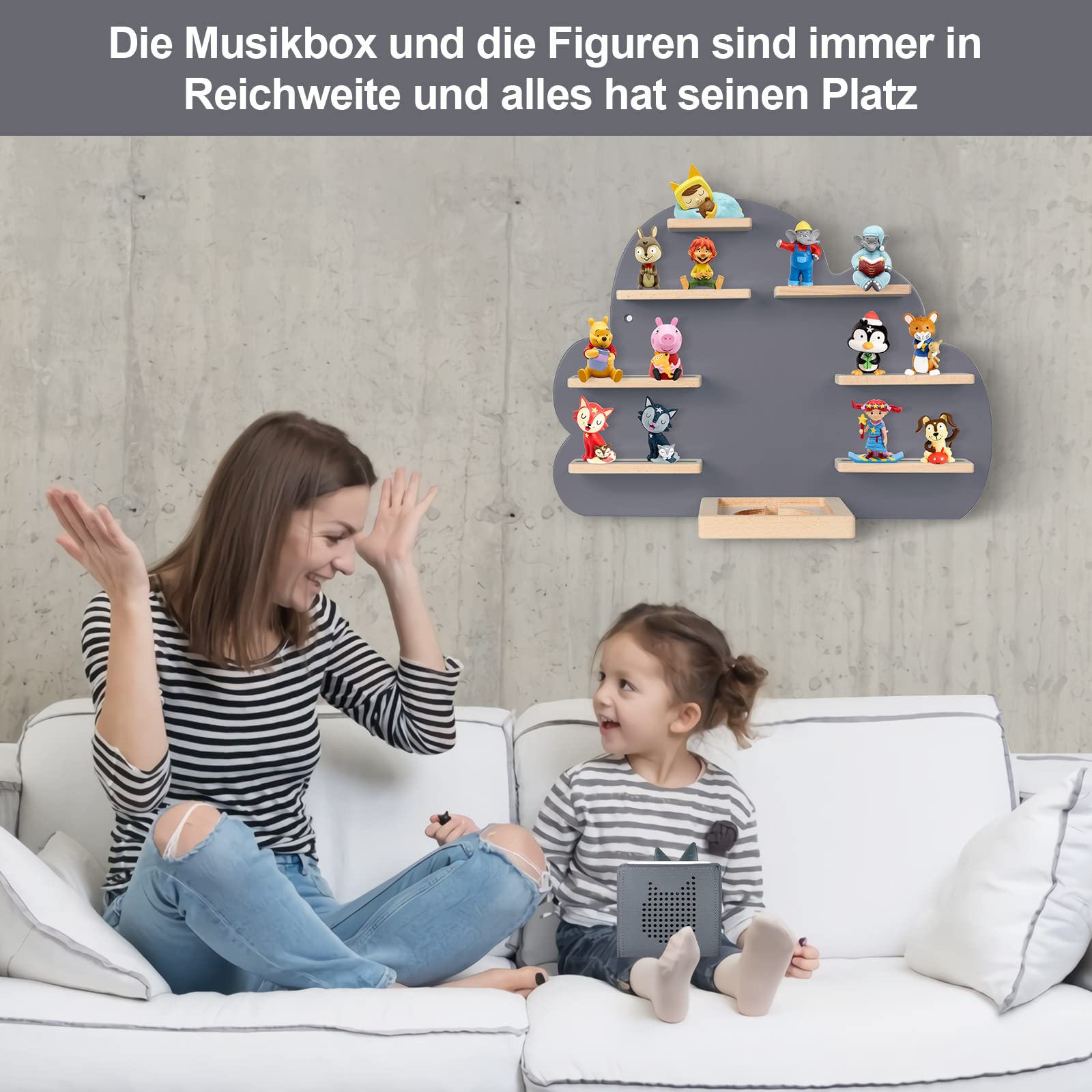 Kinder Regal kompatibel mit Toniebox und kompatibel mit Tonies für über 30 Figuren - Wandregal für die Musikbox - zum Spielen und Sammeln - für Kinder Baby Zimmer (Grau)