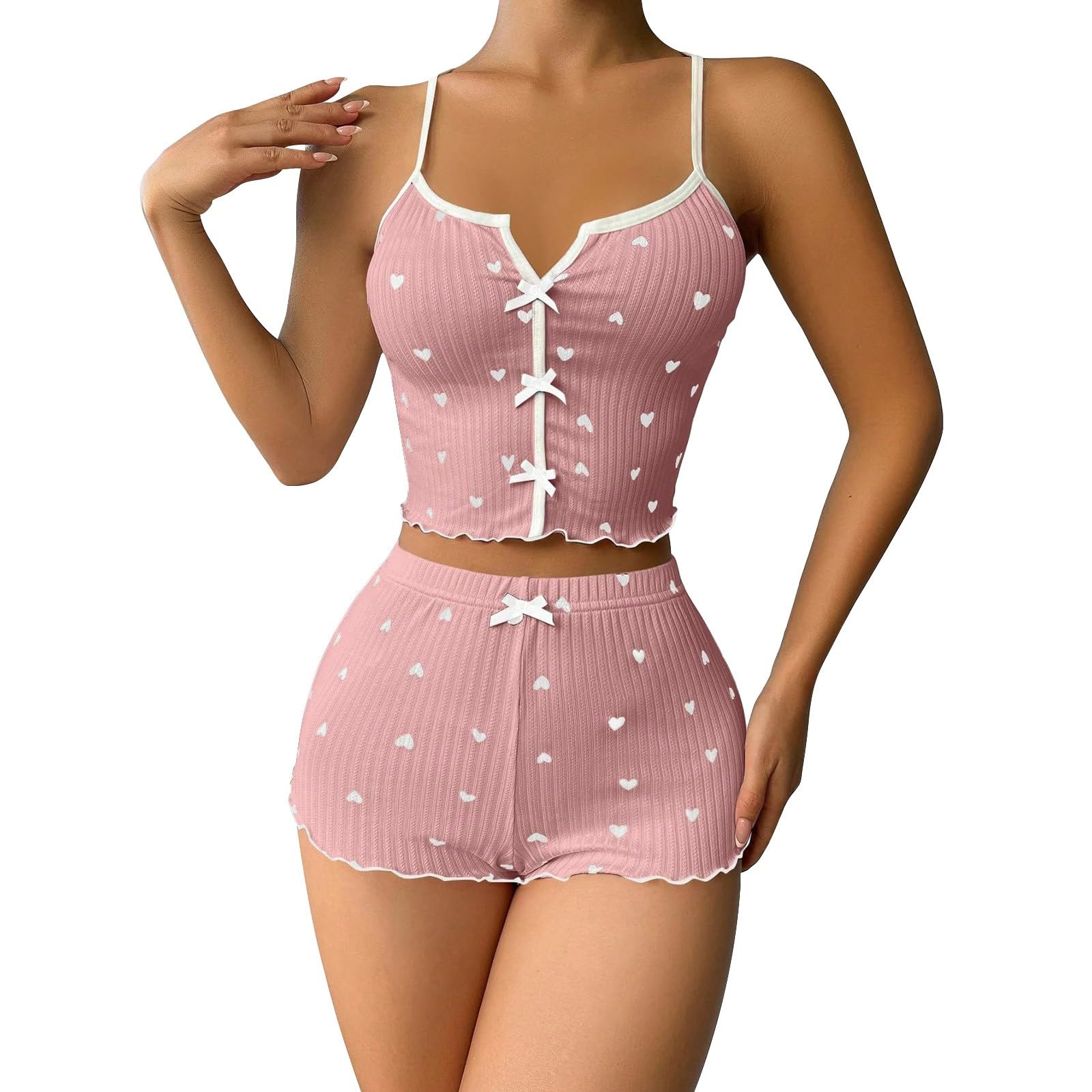 Womens 2 Piece Sleeveless Lace Trim Crop Tank Top and Ruffle Shorts Lounge Pajama Set Cute Camisole Sleepwear