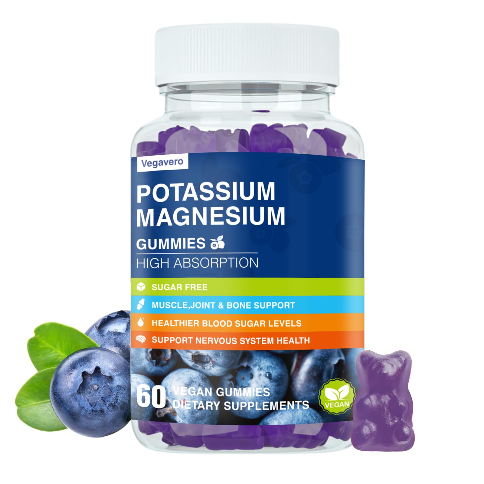 Vegavero Gomas de Magnésio e Potássio com Glicinato de Magnésio, Vitaminas B6 e D3 e Citrato de Potássio, 60 gomas