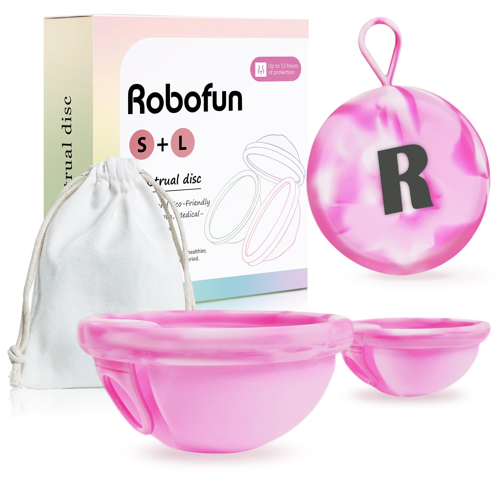 Robofun Disco mestruale, 2 pezzi (S+L) - Coppa mestruale riutilizzabile in silicone medico 100% per tutte le correnti, senza pericolo per lo sport e il nuoto -Bianco&Viola