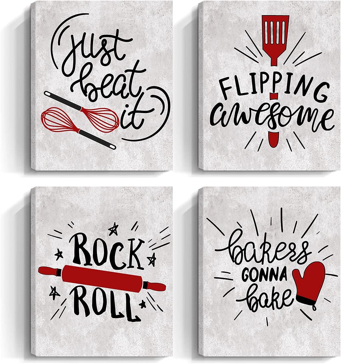Quotes Kitchen Canvas Wall Art - Red,Black and Gray Fun Inspirational Bakery Decor Prints Posters - Restaurant Cafe Bar Baking Framed Decorations Picture, Set of 4, 8"x10"