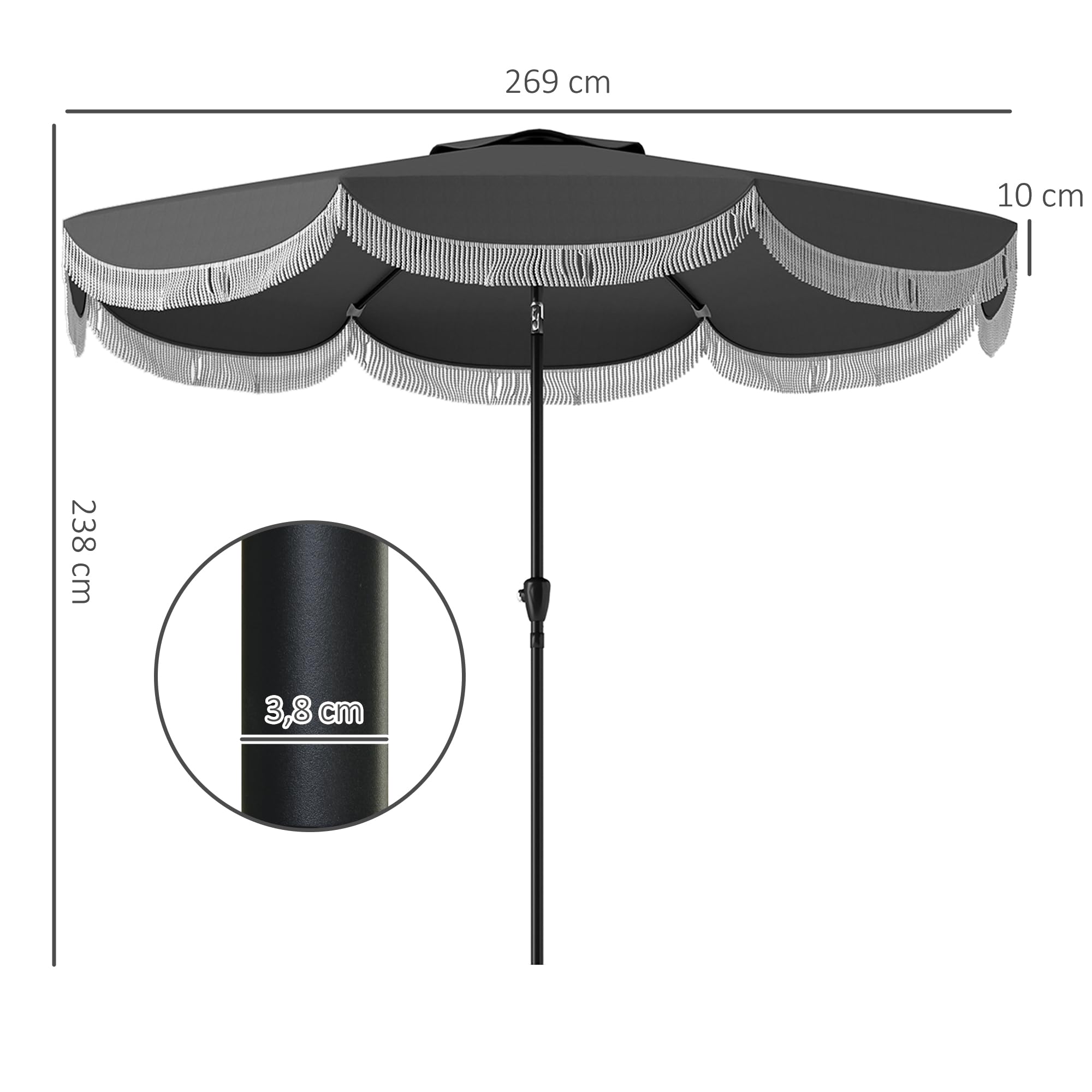 Outsunny Parasol przeciwsłoneczny, Ø 269 cm, UV 30+, ośmiokątny, na plażę, balkon, do ogrodu, kolor ciemnoszary, ciemnoszary