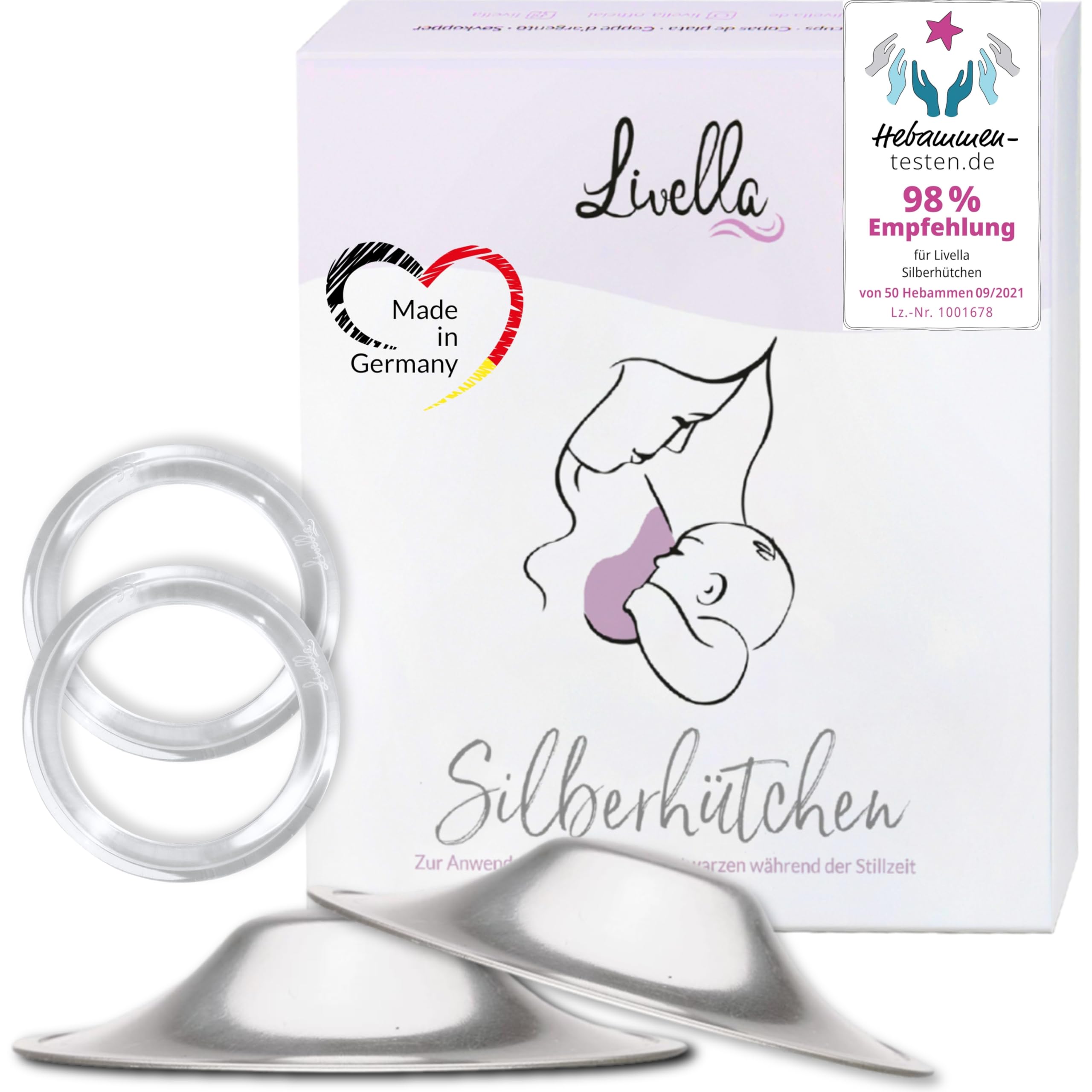 Livella | Silberhütchen aus 999er Silber mit 2x Comfort-Ring | Made in Germany | Hilfe bei gereizten Brustwarzen | Unterstützt feuchte Wundheilung beim Stillen | Wochenbett Stillhütchen (2 Stück)