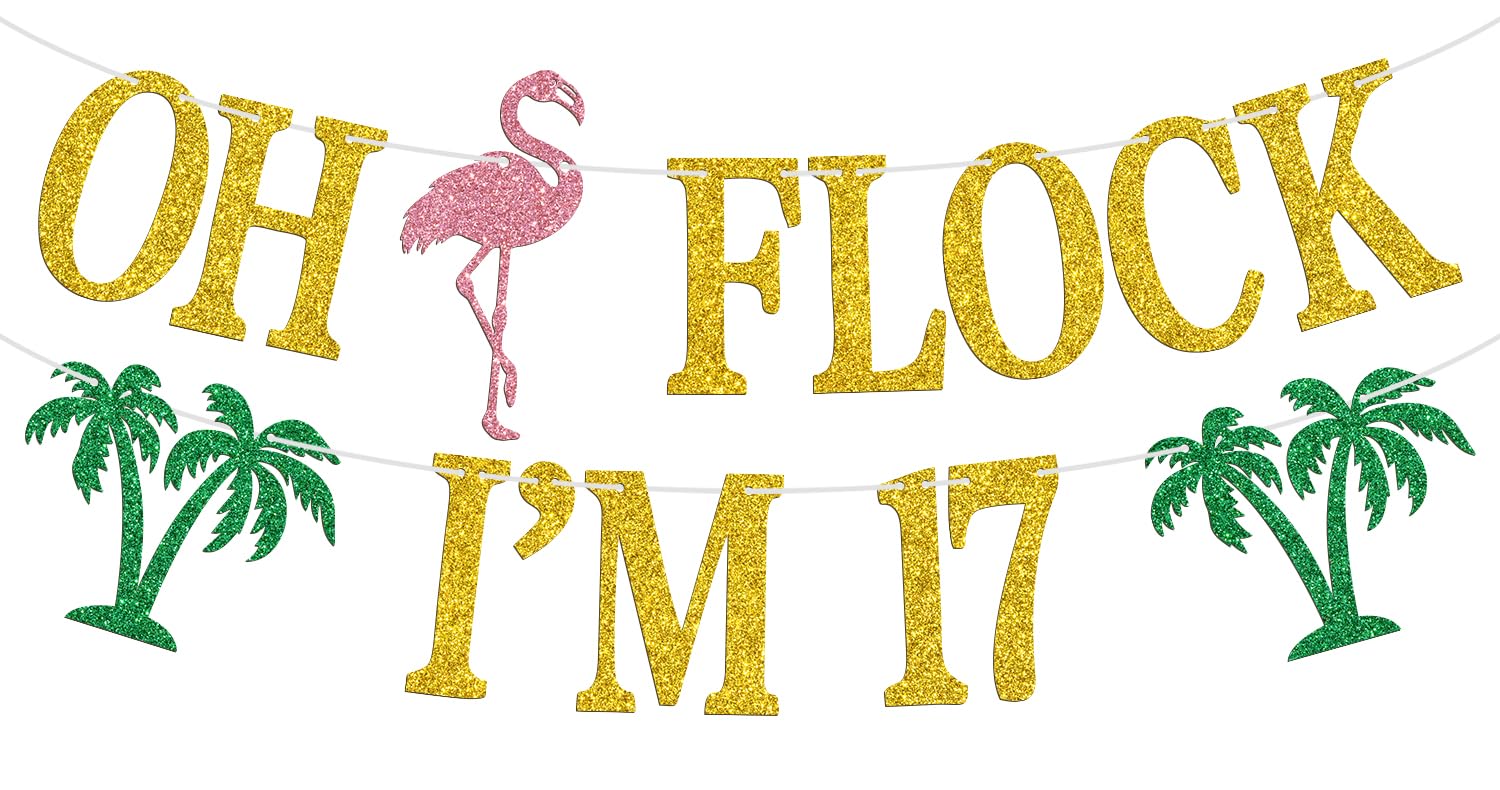 Oh Flock I'm 17 Banner, Glitter Happy 17th Birthday Anniversary Party Decorations, Pineapple Party Decor, Hawaiian Luau Tropical Aloha 17 Theme Party Photo Props