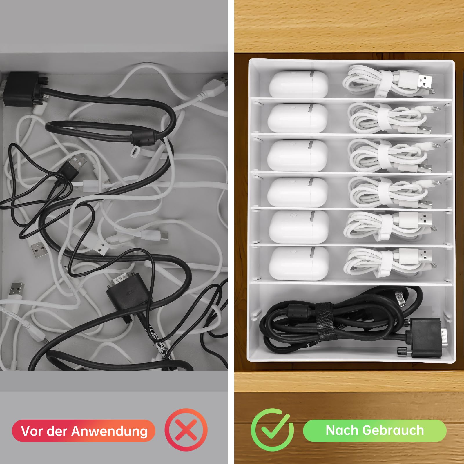PAVSTINE Datenkabel-Organizer ohne Abdeckung Großer 2er-Pack, Kabelbox Weiß mit Verstellbaren Fächern, Kabel Organizer mit 14 Kabelbindern zur Aufbewahrung von Schreibwaren, Batterien und Ladekabeln