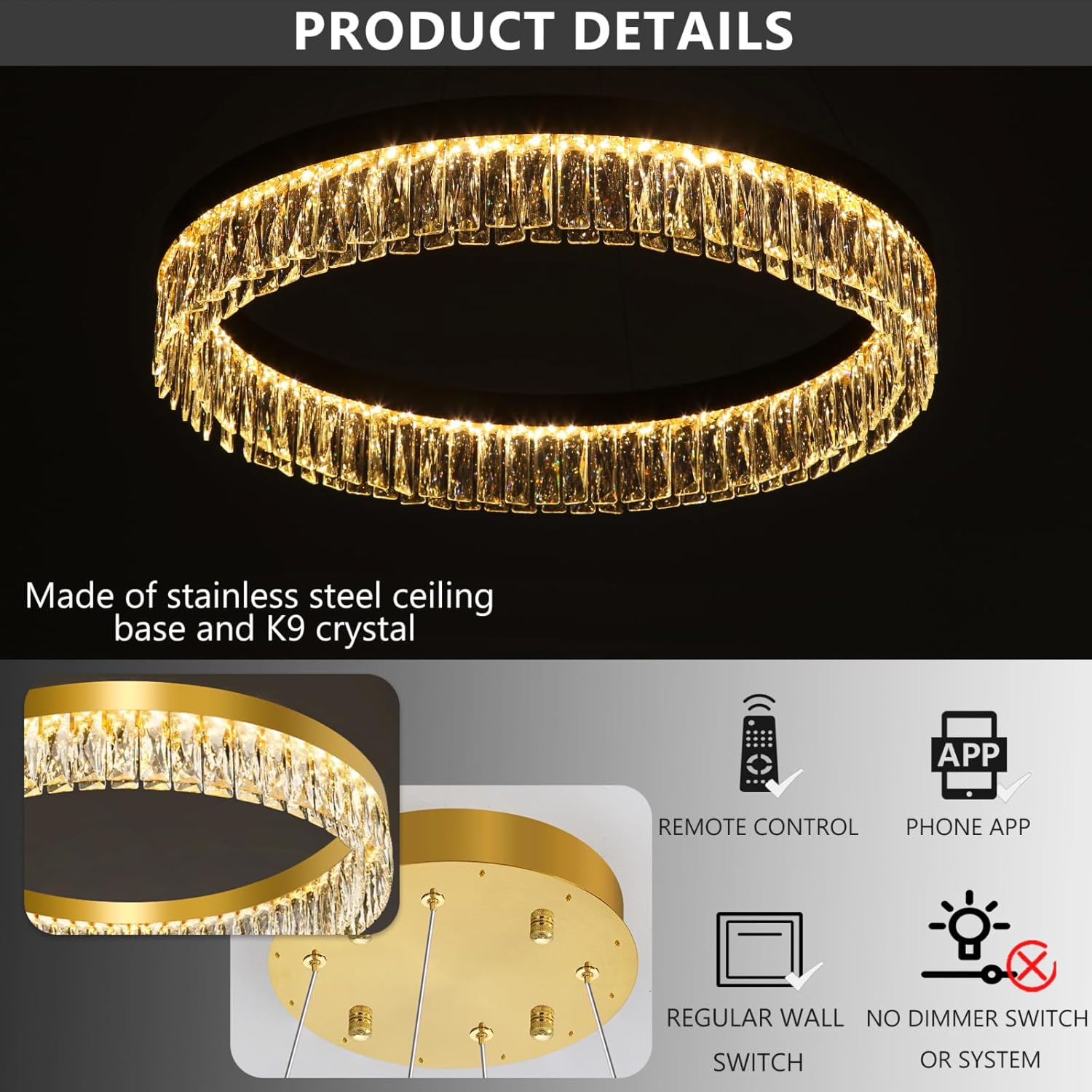 31.5" 1 Ring Modern LED Dimmable Ring Chandelier Adjustable Round Crystal Chandelier for Dining Room Living Room Gold