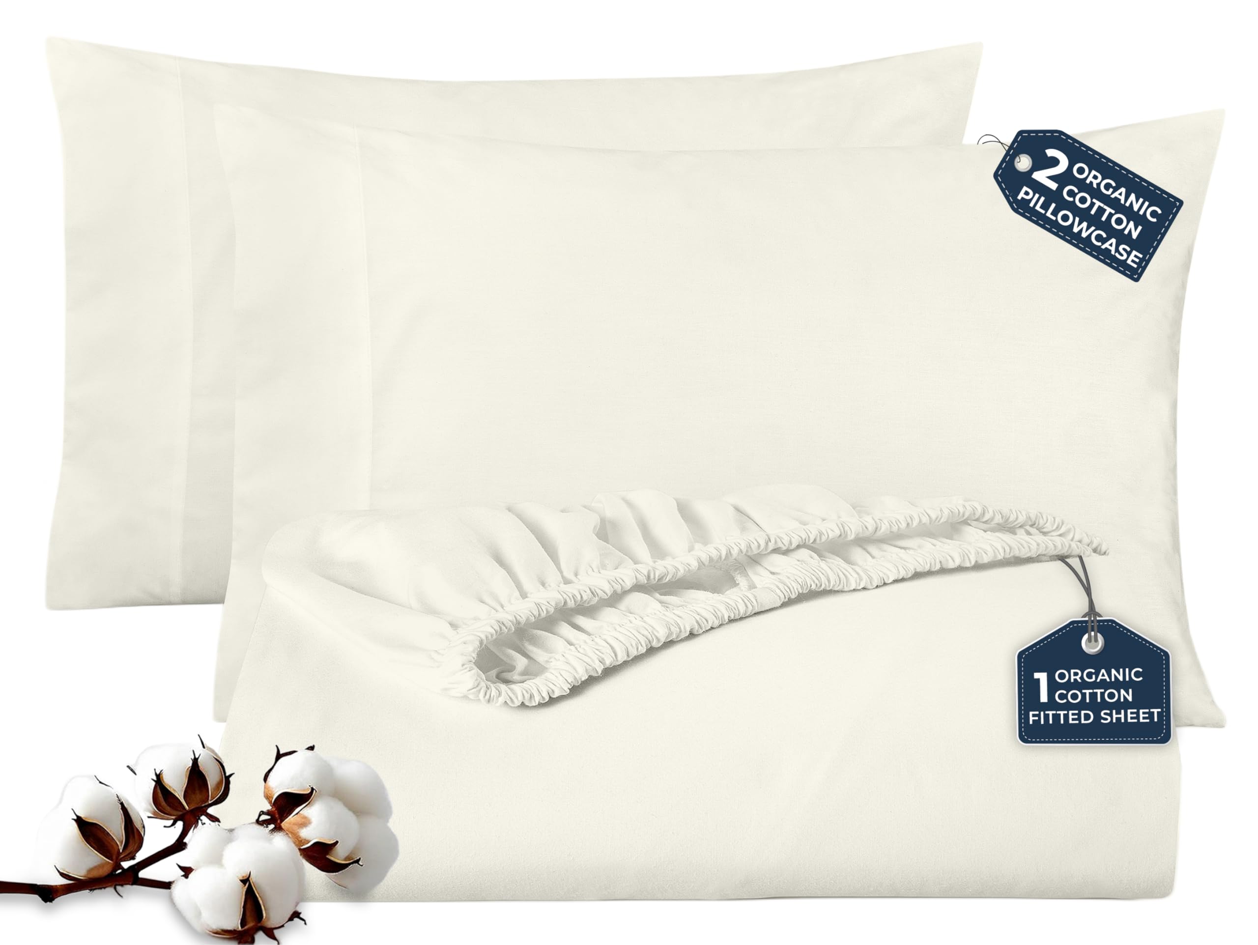 ROYALE LINENS Fitted Sheet with Pillowcases - Full Fitted Sheets with 2 Pillowcases - 300 Thread Count 100% Organic Cotton - Fits Mattress Up to 18"