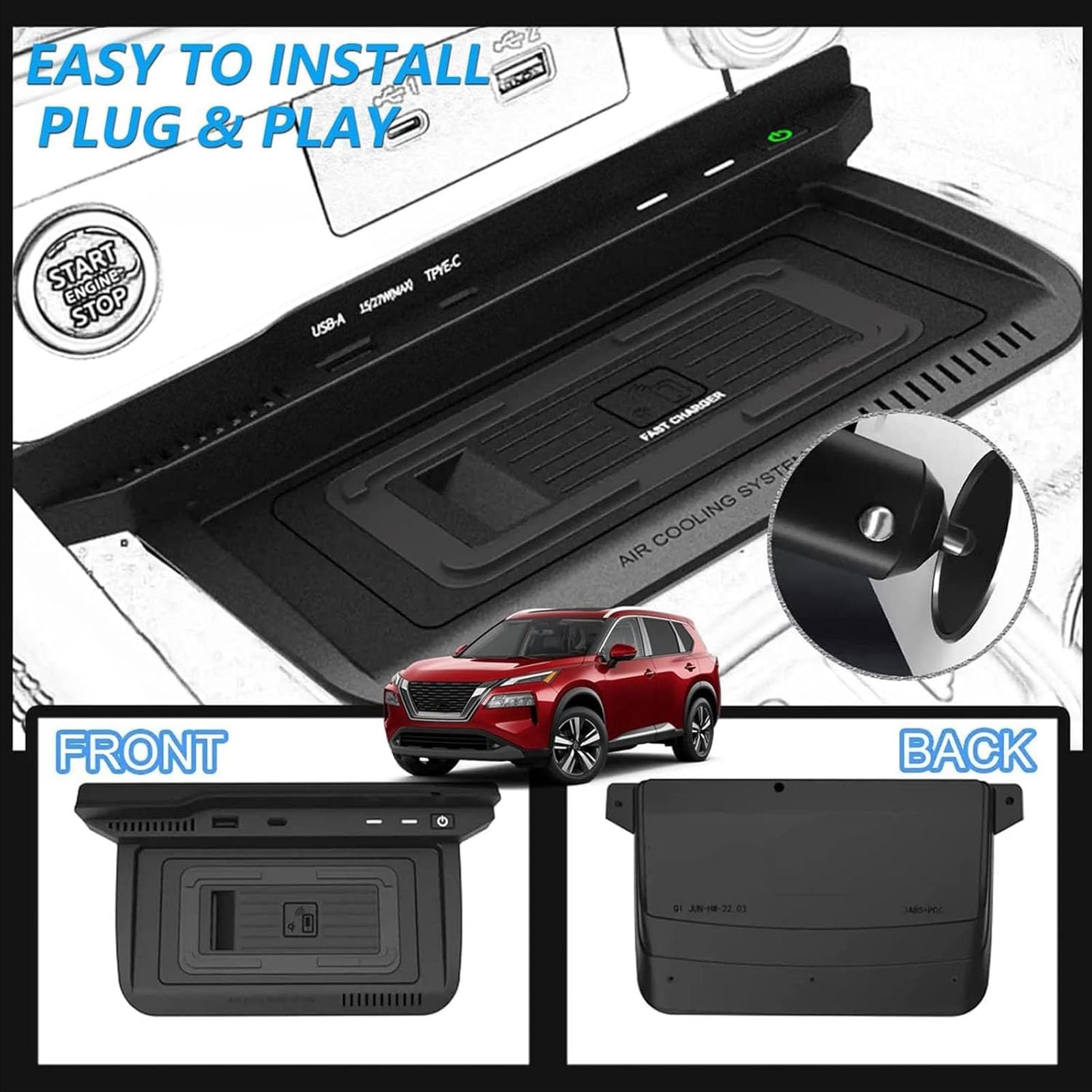 Cargador De Coche Inalámbrico para Nissan X-Trail Rogue S,SV,SL,2021-2023 Cargador De Teléfono Inalámbrico para Coche Panel De Consola Central Cargador Inalámbrico para Todos Los Teléfonos Qi