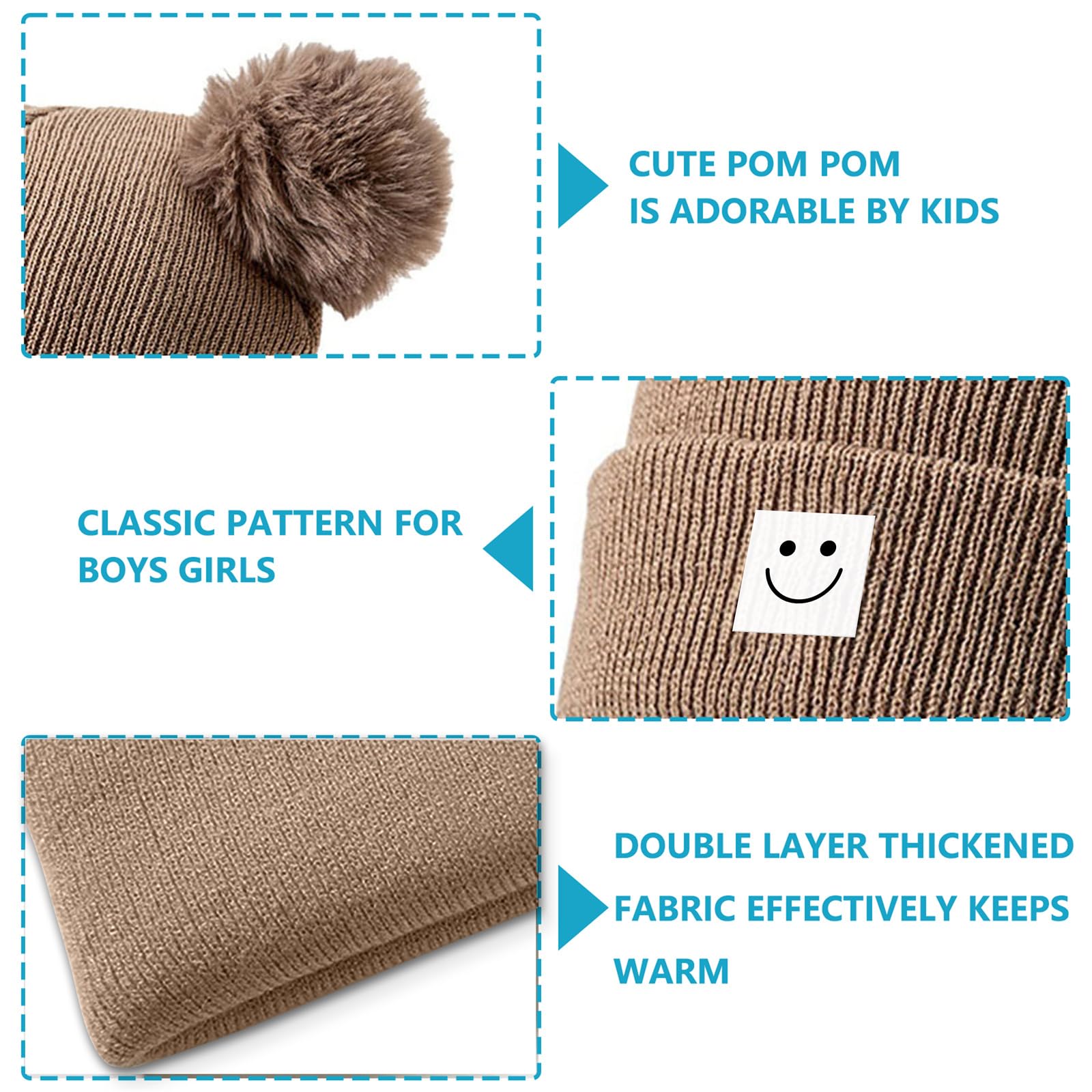 Gorro de punto de invierno suave y cálido con pompones para niños y niñas