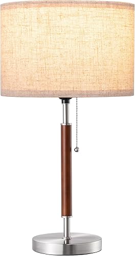 Miniatura 8 de EDISHINE Lámpara de mesa de mediados de siglo, lámpara de noche de madera maciza y metal con interruptor de cadena de tracción y pantalla de lino