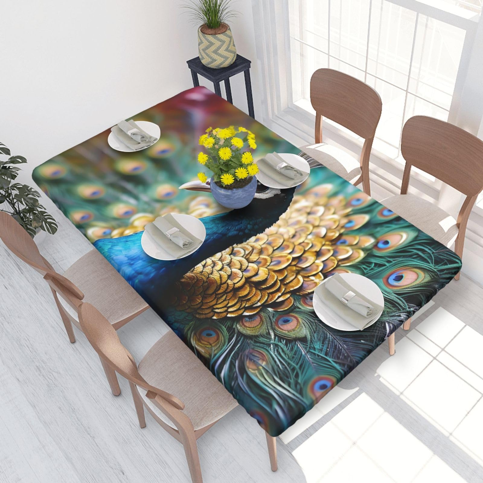 Beautiful Peacock Waterproof Square Table Cover Elastic Fitted Tablecloth Oil Proof Table Protector For 4ft Table