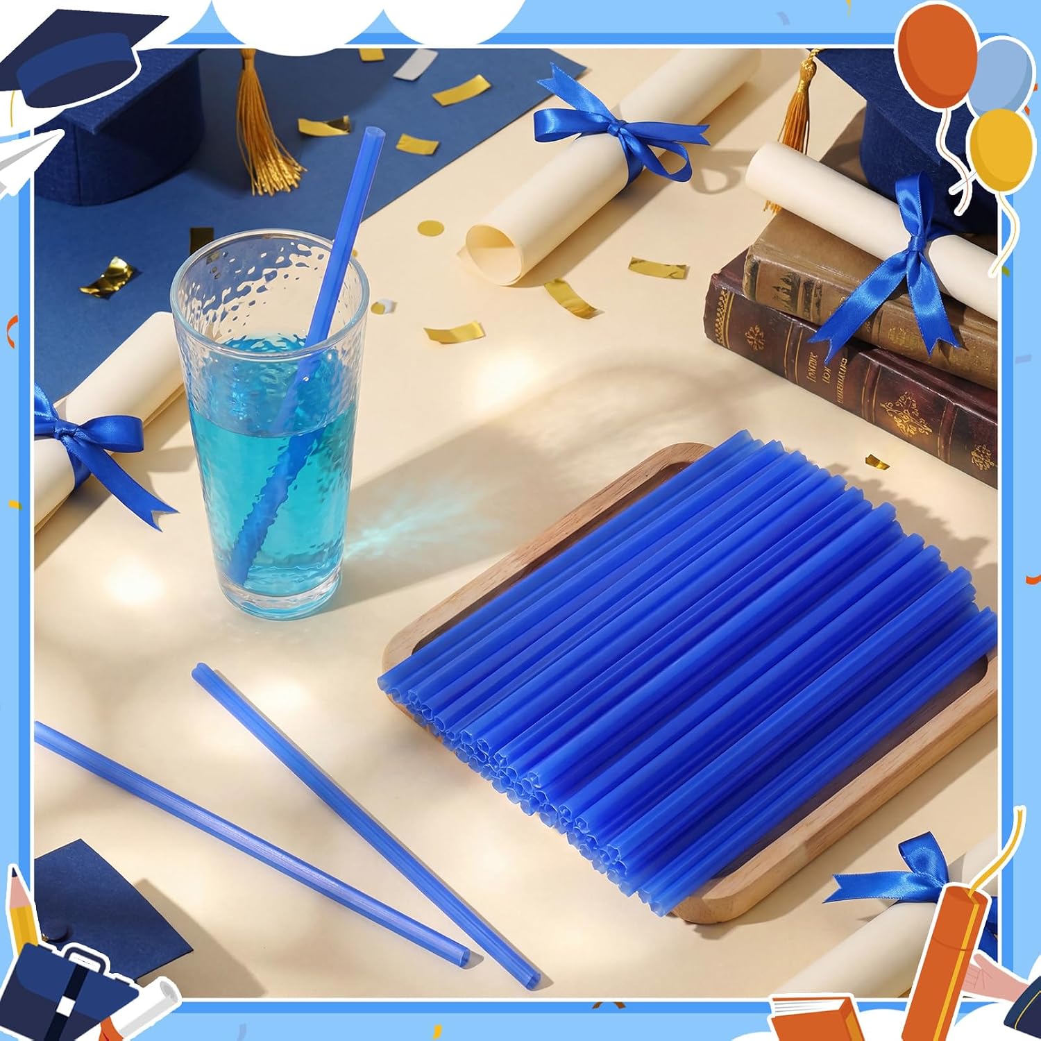 100 Pcs Graduation Cap Shaped Straws Disposable Plastic Drinking Straw Grad Caps Straw for Graduation Beverage Cocktail 2026 Congrats Grad Party Supplies (Navy Blue)