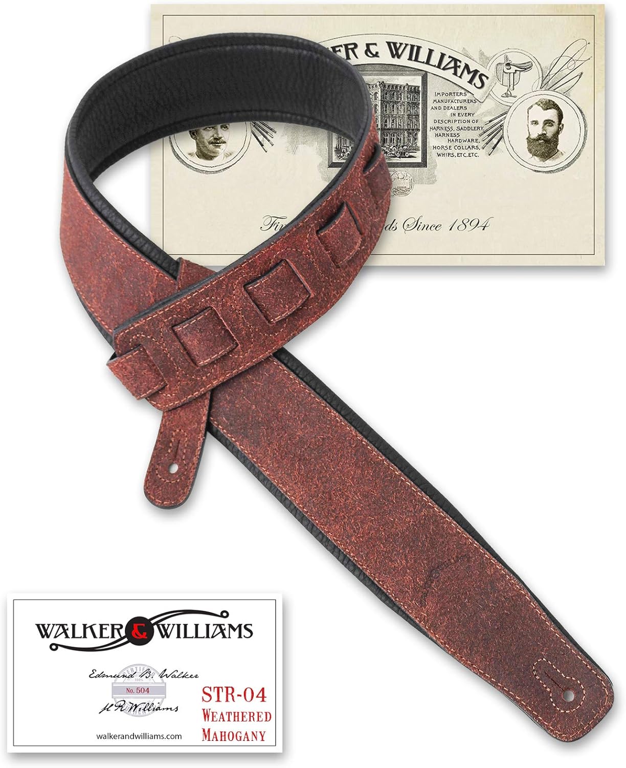 Walker & Williams STR-04 Distressed Mahogany Brown Italian Leather Padded Guitar Strap For Acoustic, Electric, And Bass Guitars