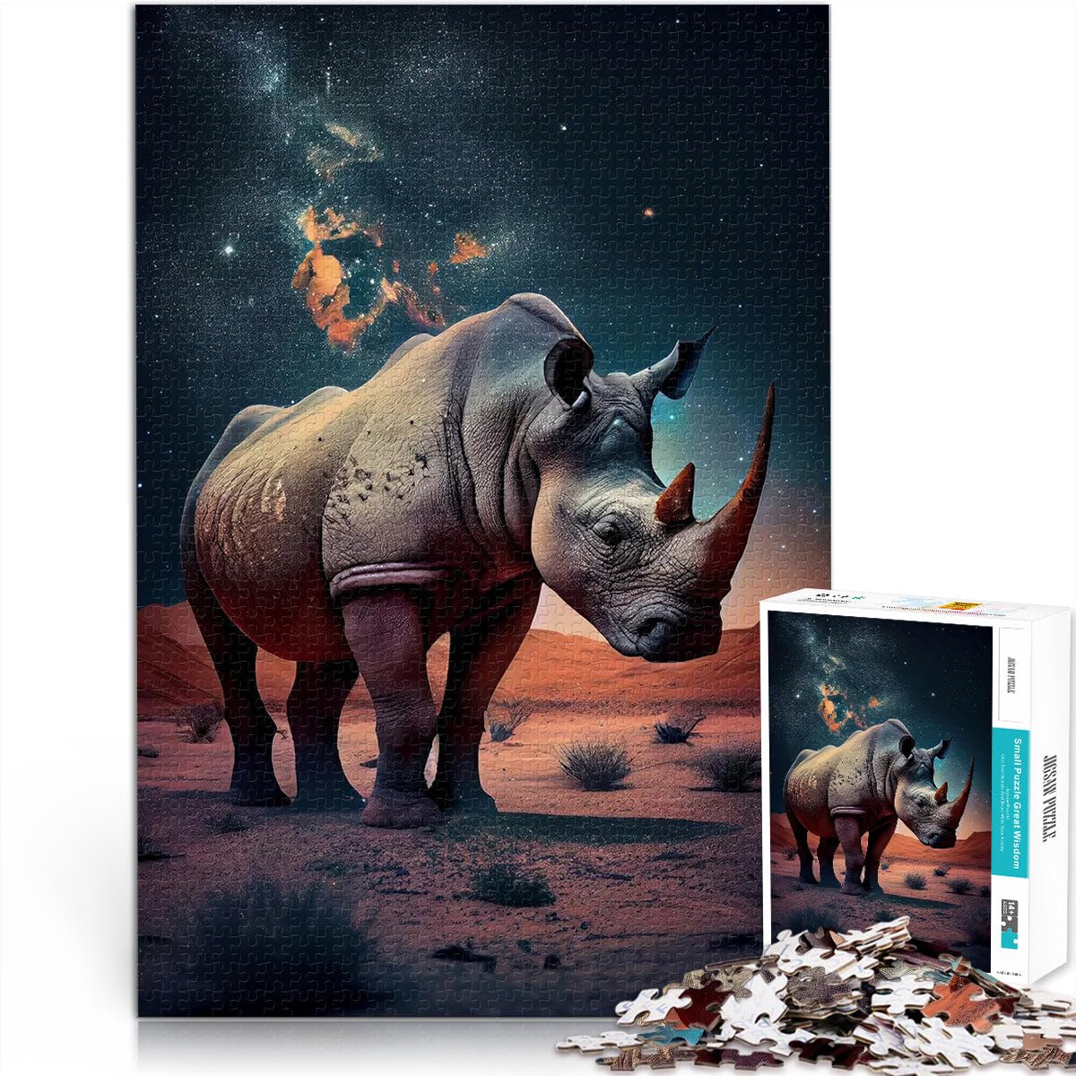Jigsaw Puzzles 1000 Piece for teenagers Rhino under the Stars Lernspiele mit vollständig ineinander greifenden, zufällig geformten Teilen38x26cm