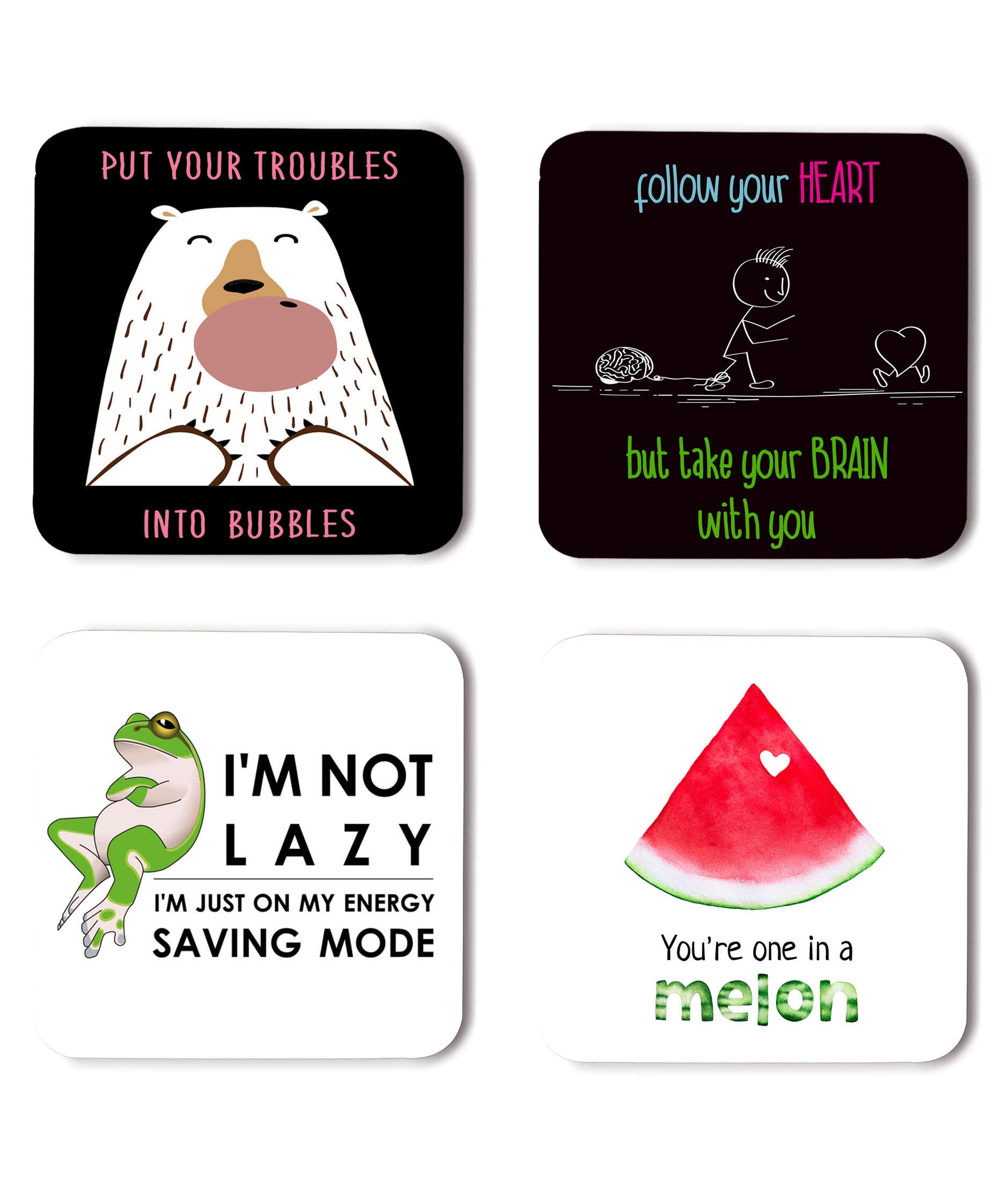 Whats Your Kick Funny Quotes Inspired Printed Coasters with Beautiful Metal Stand/Holder (MDF Wooden, Set of 4, 3.5x3.5 Inch, Square) for [ Tea/Coffee/Mug/ ] Quotes, Funny (Multi 6)