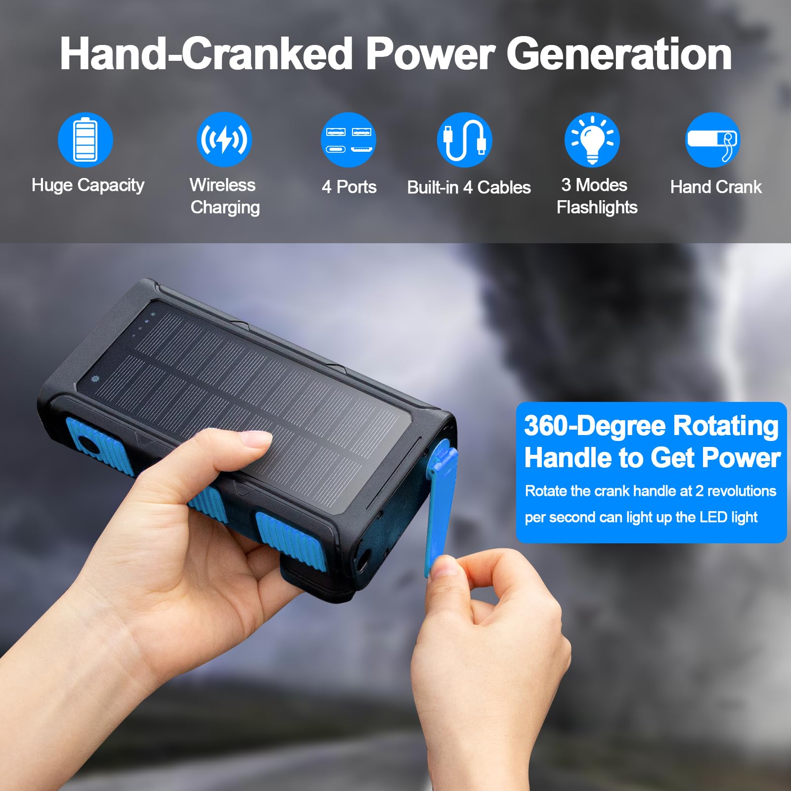 Power Bank Solare 26800mAh, Powerbank Wireless con Carica Solare, Manovella e 4 Cavi, Power Bank USB-C Ricarica Rapida 7 Uscite e 5 Ingressi per Telefono, Batteria Esterna Impermeabile per Campeggio