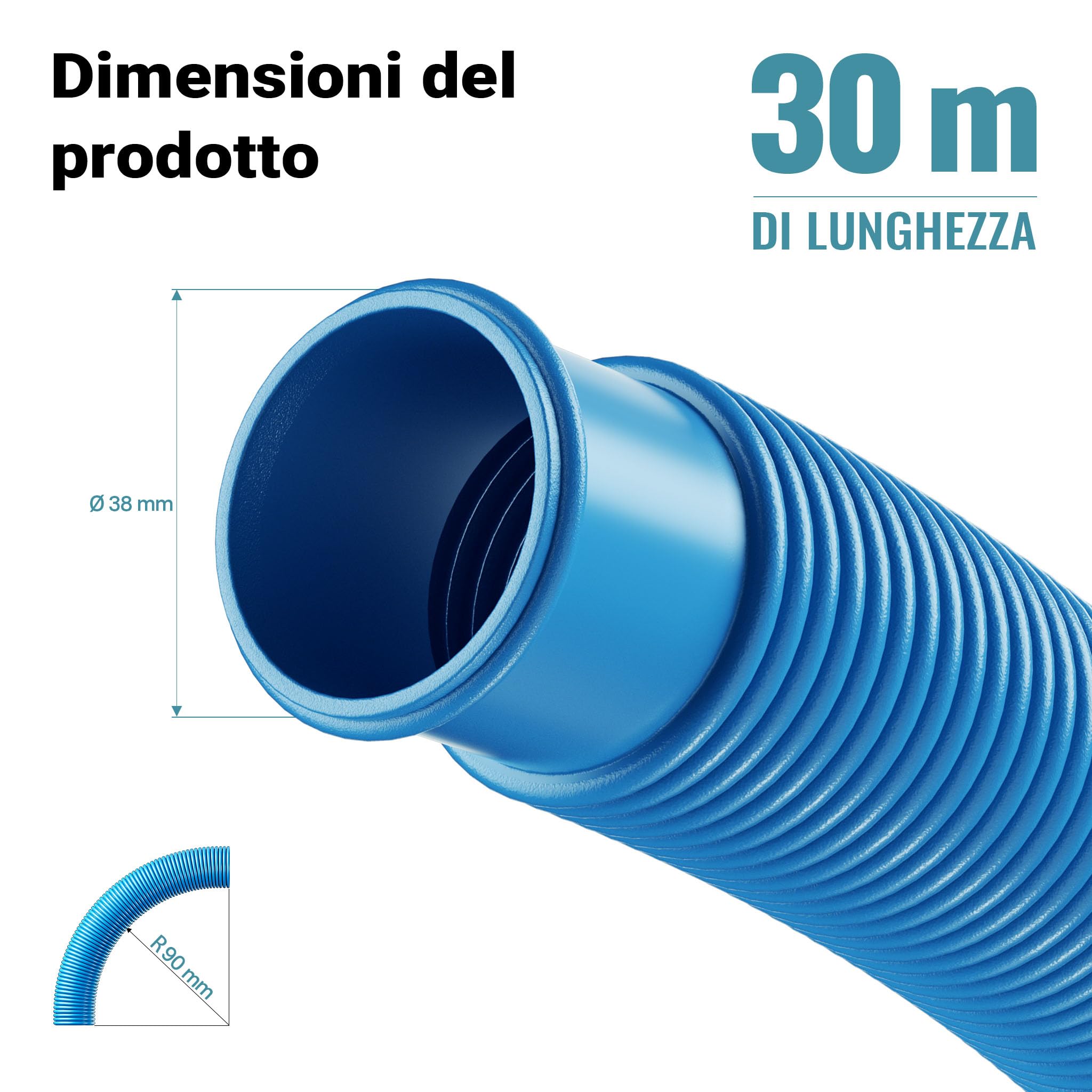 Wiltec Tubo per Piscina Blu, 30m Ø 38 mm, sezionabile Ogni 1,5 m, Galleggiante, in Resina 190 g/m Made in EU