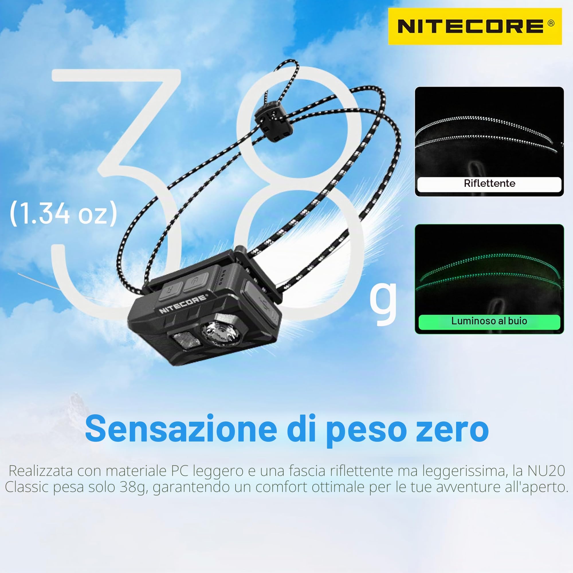 Nitecore NU20 Lampada frontale da esterno classica 360 lumen ultra leggera ricaricabile USB-C