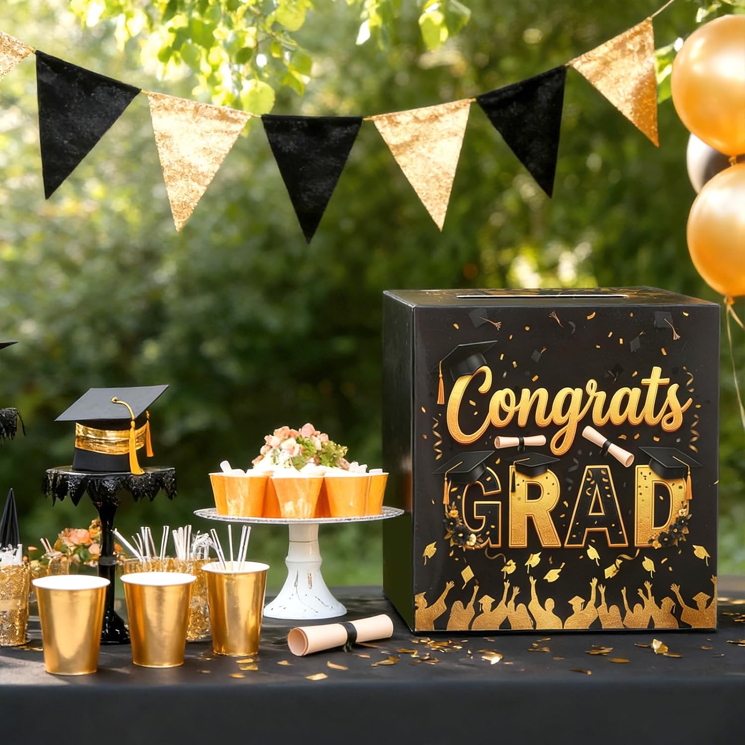 Tinlade Graduation Card Box with Photo Slot 2026 Grad Card Box for Graduation Party Foldable Congrats Grad Picture Display Cards Holder for Cards Money and Gift Table Decor(Black)