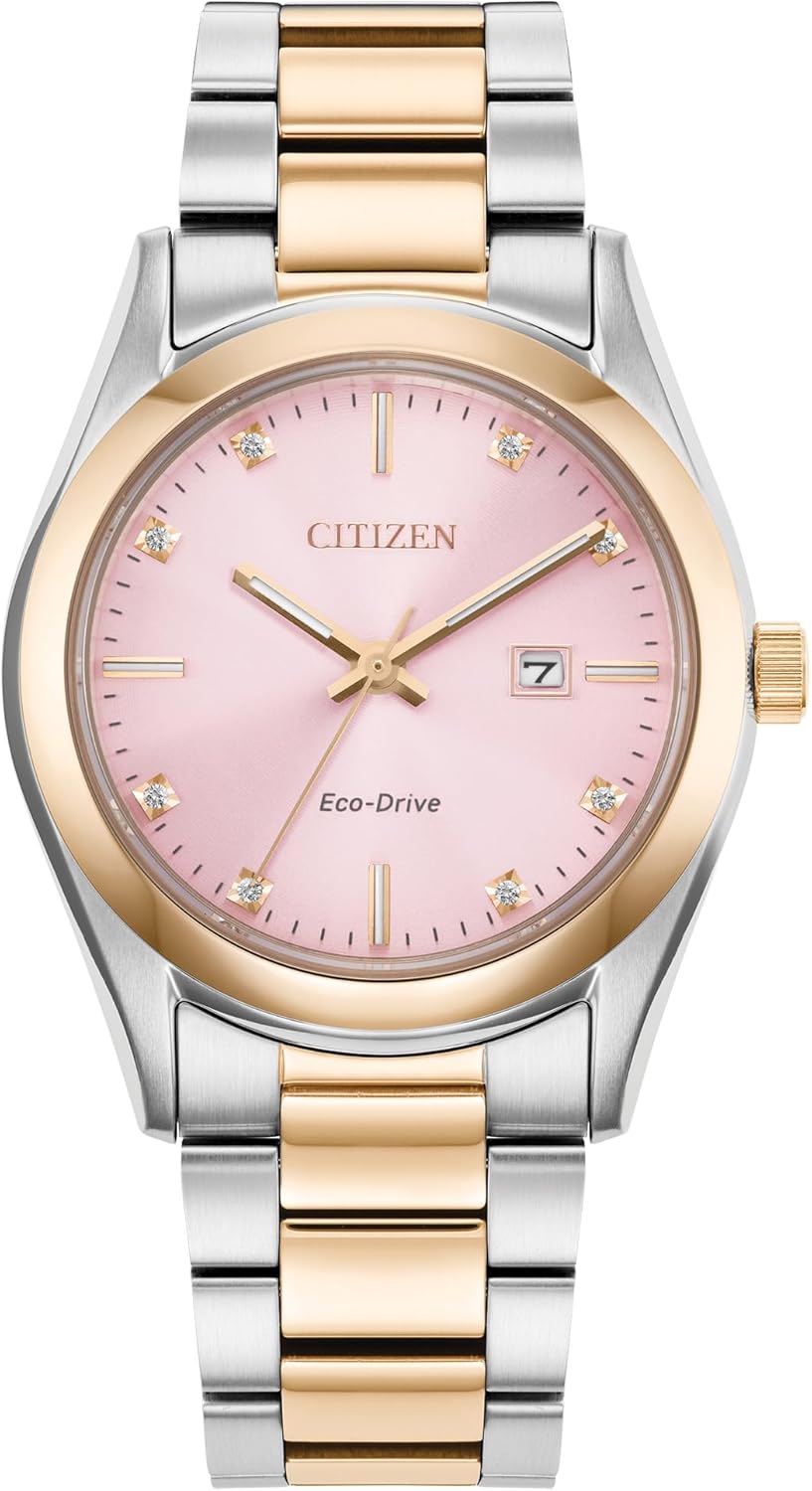 Citizen Ladies Eco-Drive Sport Luxury Sport Watch, Two-Tone Stainless Steel Bracelet, Pink Dial, 3 Hand, Date (Model: EW2706-58X)