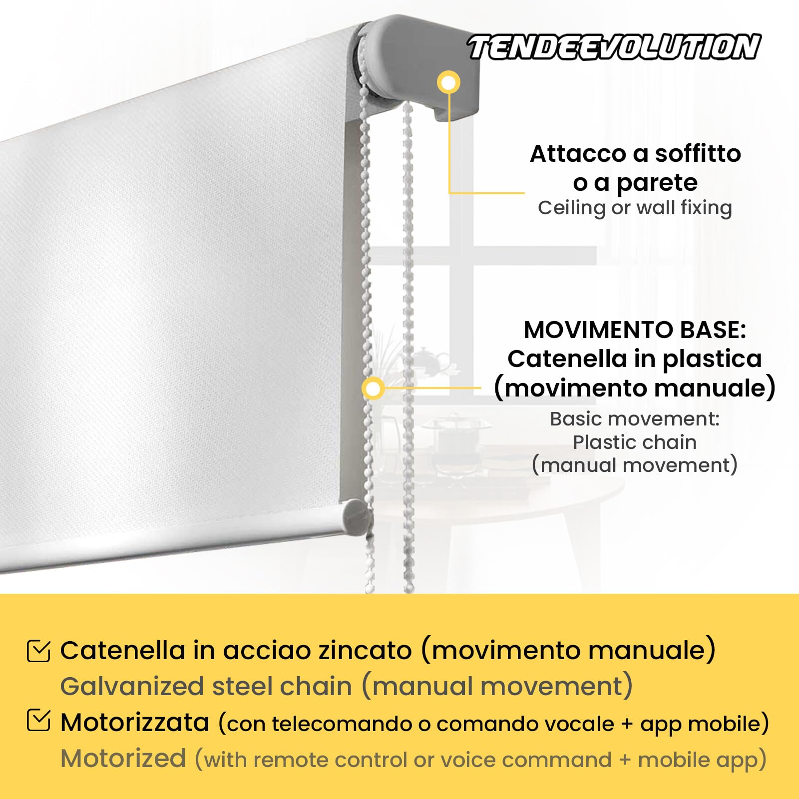 TENDEEVOLUTION - Tenda a Rullo Oscurante Mod. Rodano con Telo in PVC. Misura e Colori Personalizzabili, Manuale o Motorizzata. Tende a Rullo per Interni Oscuranti a Soffitto o Parete