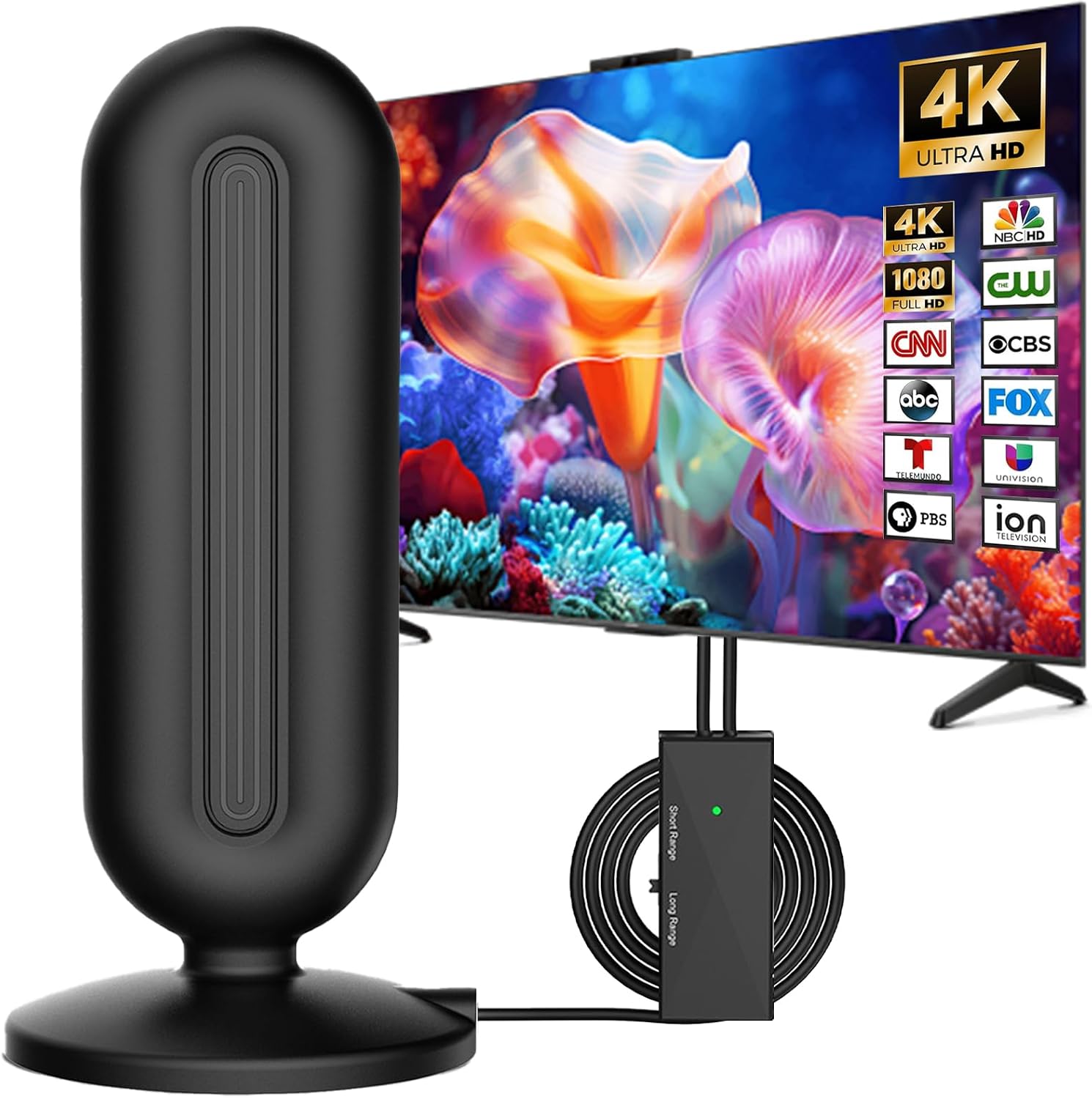 Indoor TV Aerial, 2026 Upgraded Digital TV Aerials Indoor with Signal Booster, 360 Degree Omnidirectional TV Antenna Indoor for Smart TV, 4K 1080P HD Freeview Local Channels, 16.4ft Coaxial Cable