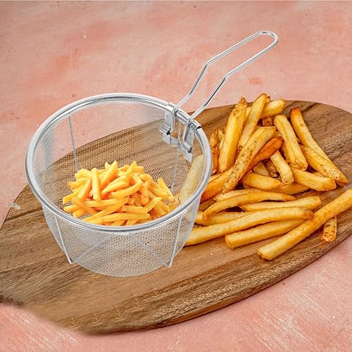 Miniatura 7 de Garneck Cesta de acero inoxidable para freír con asa, cesta redonda para freír y papi frito, para papas fritas, camarones y otros alimentos fritos,