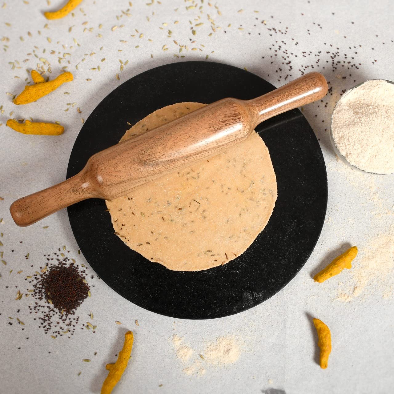 Jaipur Ace Indian Black Marble Roti Maker with Wooden Belan - 10 Inch Diameter Chakla (South Black Marble)