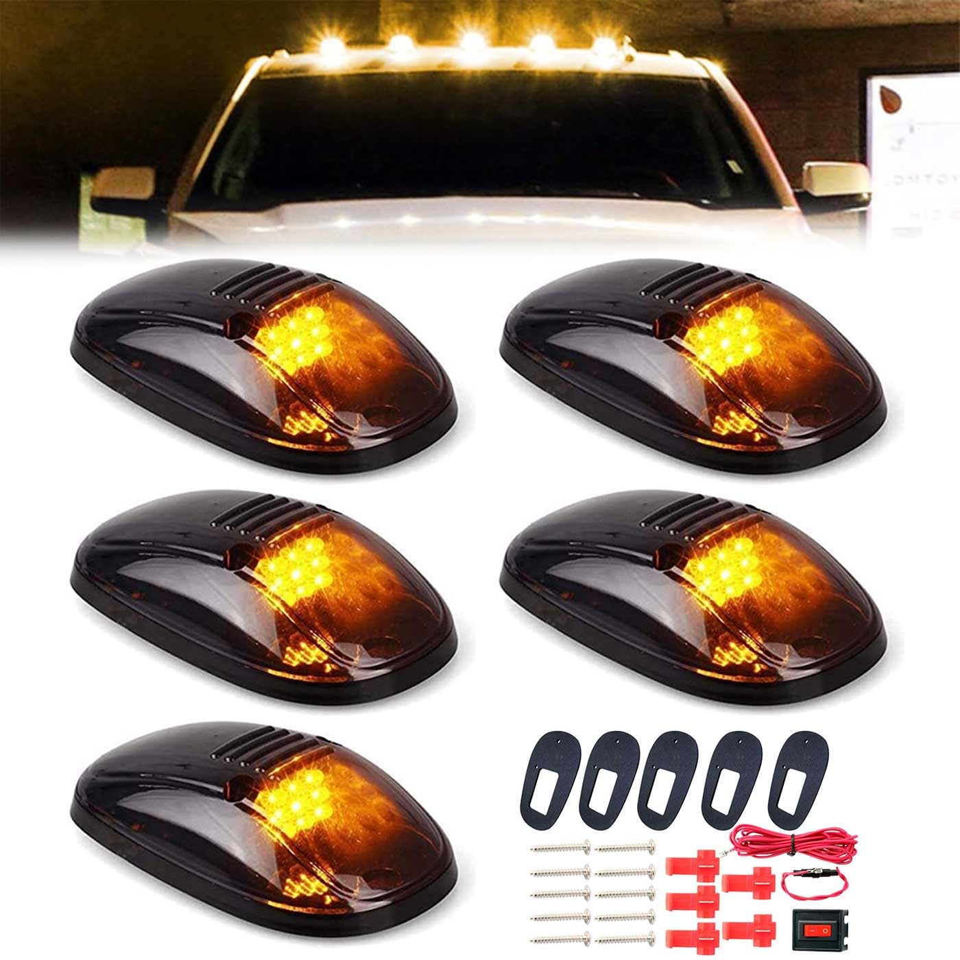 Powered Cab Lights for Truck - 5 PCS Powered Cab Lights,Wireless Cab Lights for Truck,No Drill Cab Lights,Roof Lights for Trucks,Wireless Cab Led Lights for Truck (Yellow light)