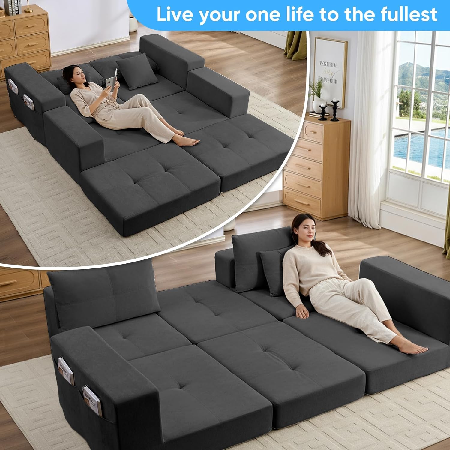 Mjkone Folding Sofa Bed, Foldable Floor Couch, Convertible Funton Sofa with Ottoman, Boneless Cloud Loveseat Couch with Ottoman, Modular Fold Out Lounge Guest for Living Room, Dark Grey