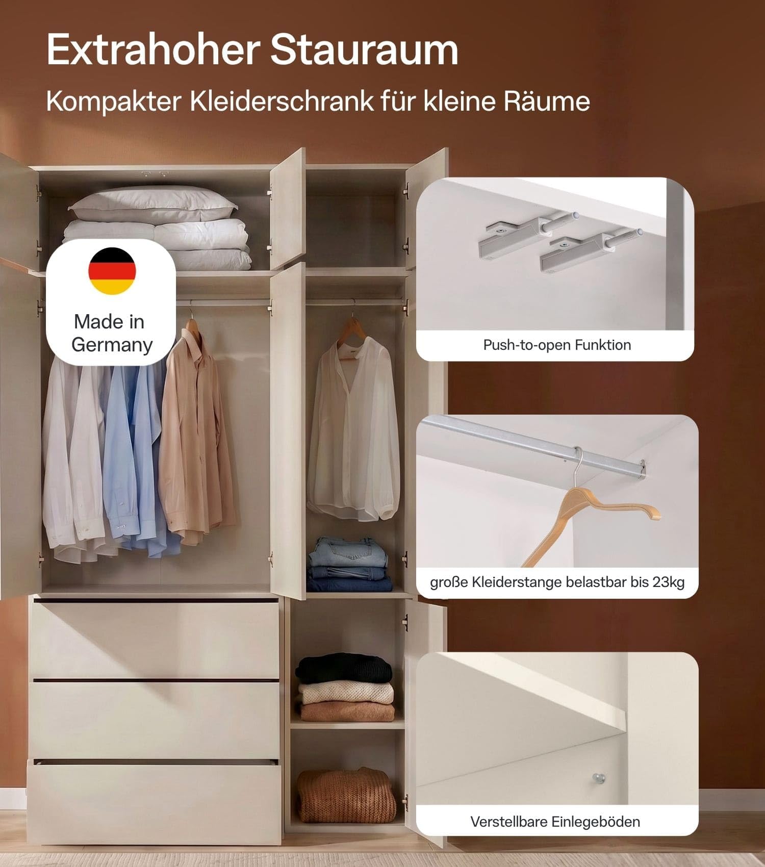 Kleiderschrank beige Robe 137x234 cm Made in Germany Schrank deckenhoch