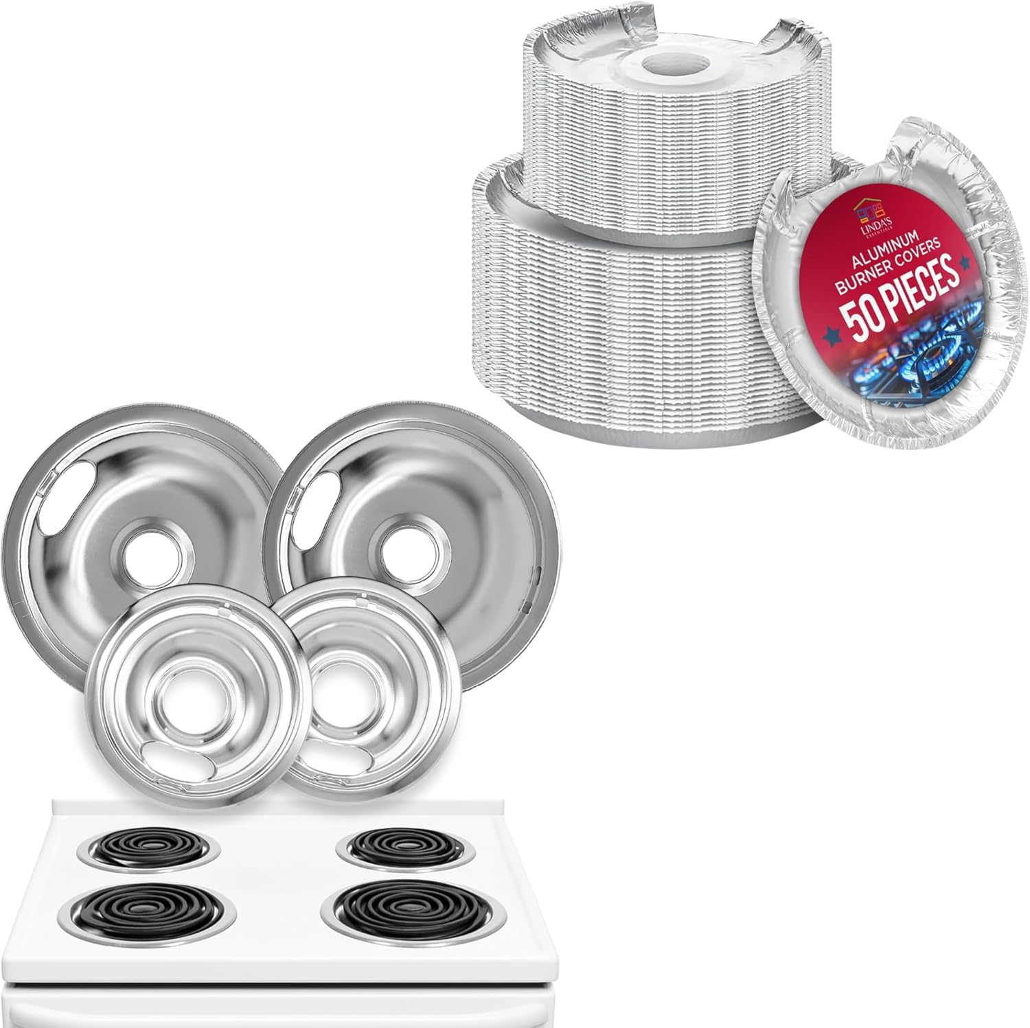 Aluminum Electric Stove Burner Covers (50 Pack) and Electric Stove Drip Pans Set of 4 - Compatible with W10196405 & W10196406, Bundle