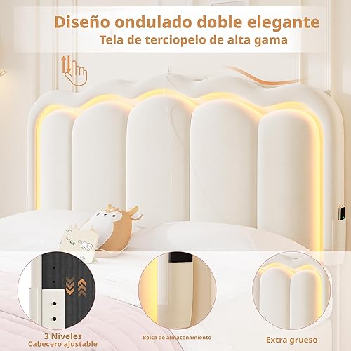 Miniatura 6 de Base de cama LED tapizada tamaño Queen con 2 cajones de almacenamiento y cabecera doble ondulada ajustable, cama de plataforma de princesa de
