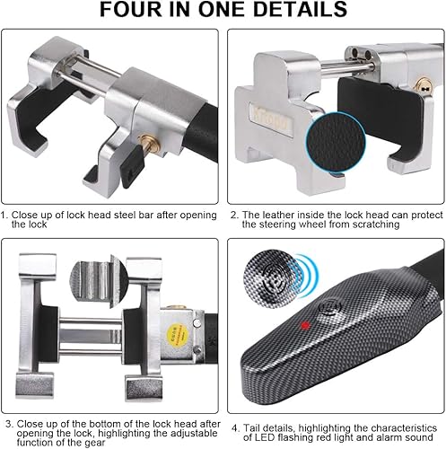 Miniatura 6 de Vechkom Dispositivo antirrobo con bloqueo de volante con alarma de seguridad para coche, antirrobo, protección retráctil, bloqueo en T