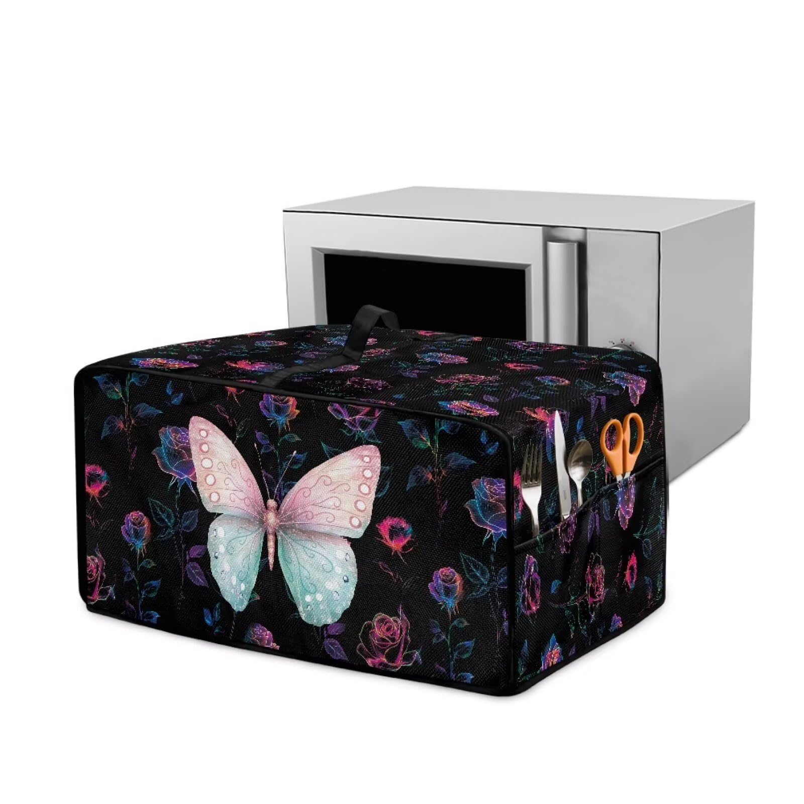 Fipuivrn Butterfly Rose Print Toaster Oven Cover, Washable Toaster Oven Protection Heavy-Duty Kitchen Appliance Covers with Storage Pockets, 18.5