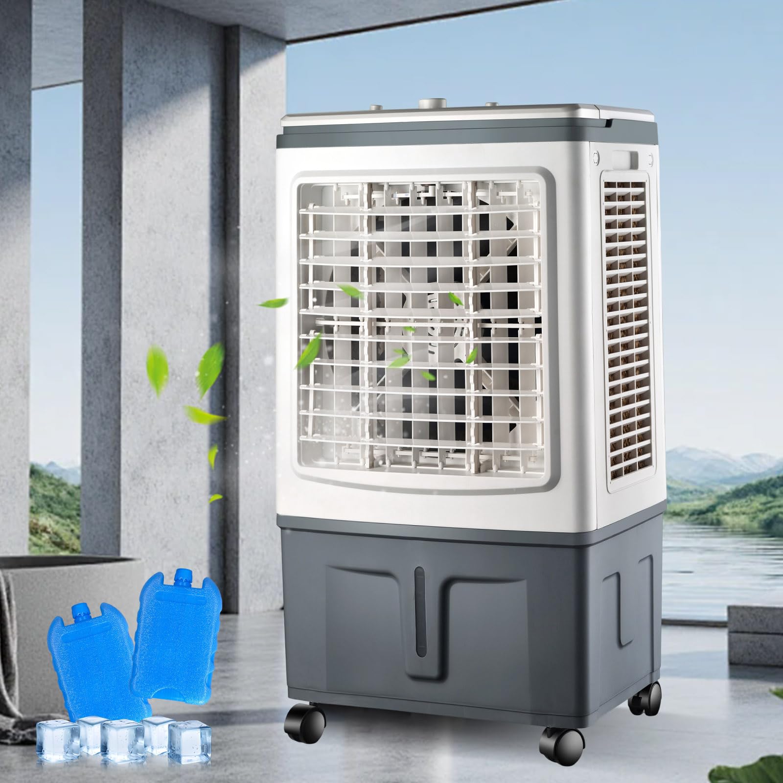 30L Evaporative Humidifier Fan, Large Format Mobile Air Cooler Mechanical Control, Wide-Angle, 2 Ice Packs