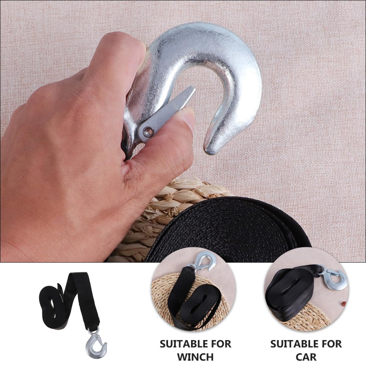 Ipetboom Cinghia per Verricello Rimorchio 1,5 Tonnellate in Poliestere Nero 4,7 Cm di Larghezza con Gancio in Acciaio Struttura Semplice Portatile per Uso Marino