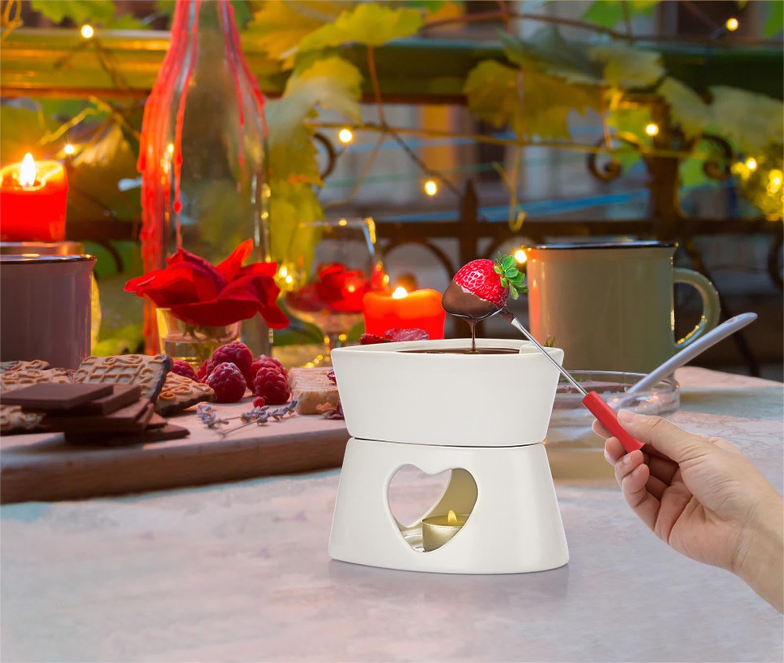 Fondue Queso- Cerámica Blanca de 320 ml Fondue de Chocolate del Amor con 4 Tenedores Rojos para Chocolate Mantequilla Queso (sin Vela)