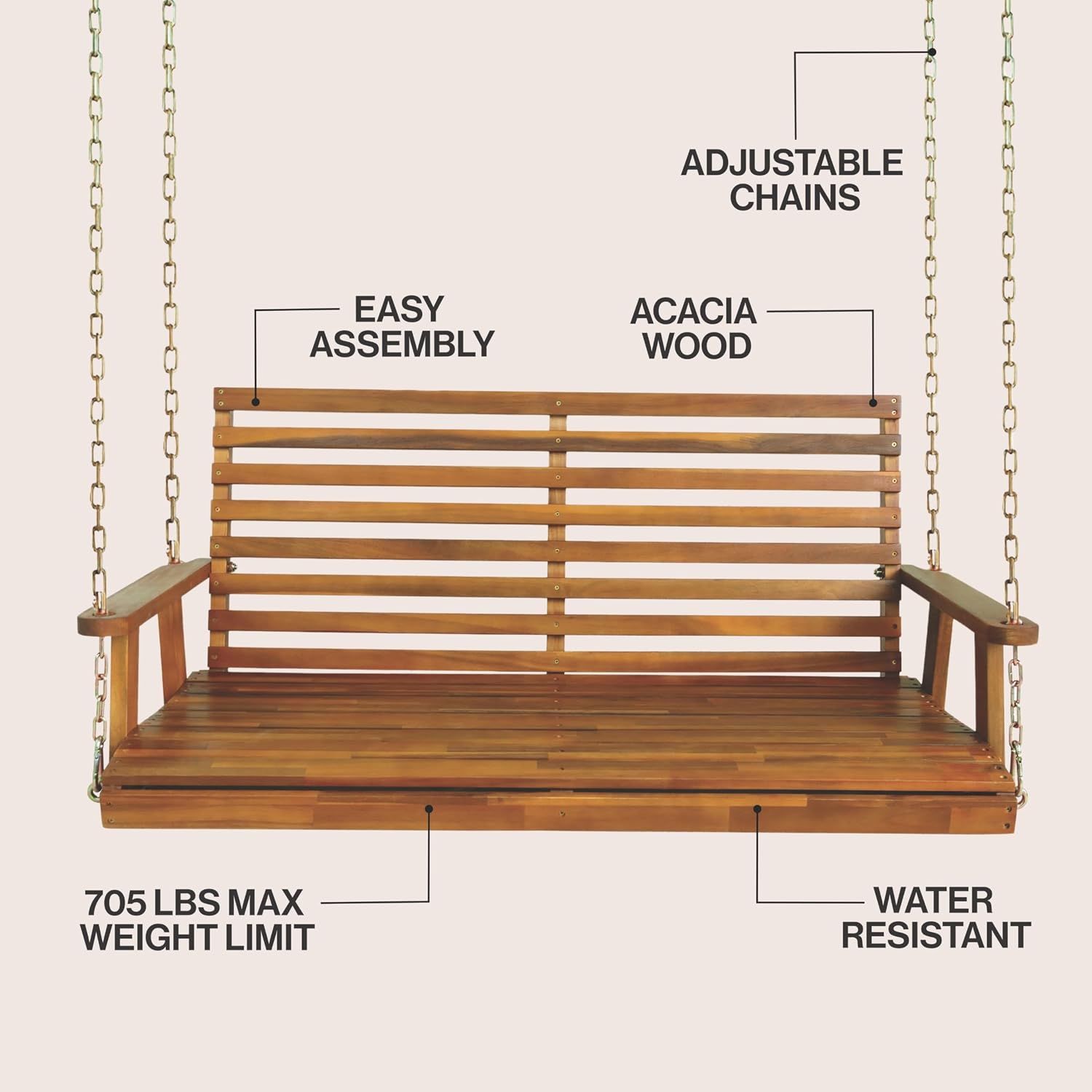 JONATHAN Y Natura Acacia Wood 51" Outdoor Porch Swing, Heavy Duty 705 lbs 2-Person Hanging Bench for Patio and Garden, Farmhouse Slatted Wood Swing with Chains BNH105A