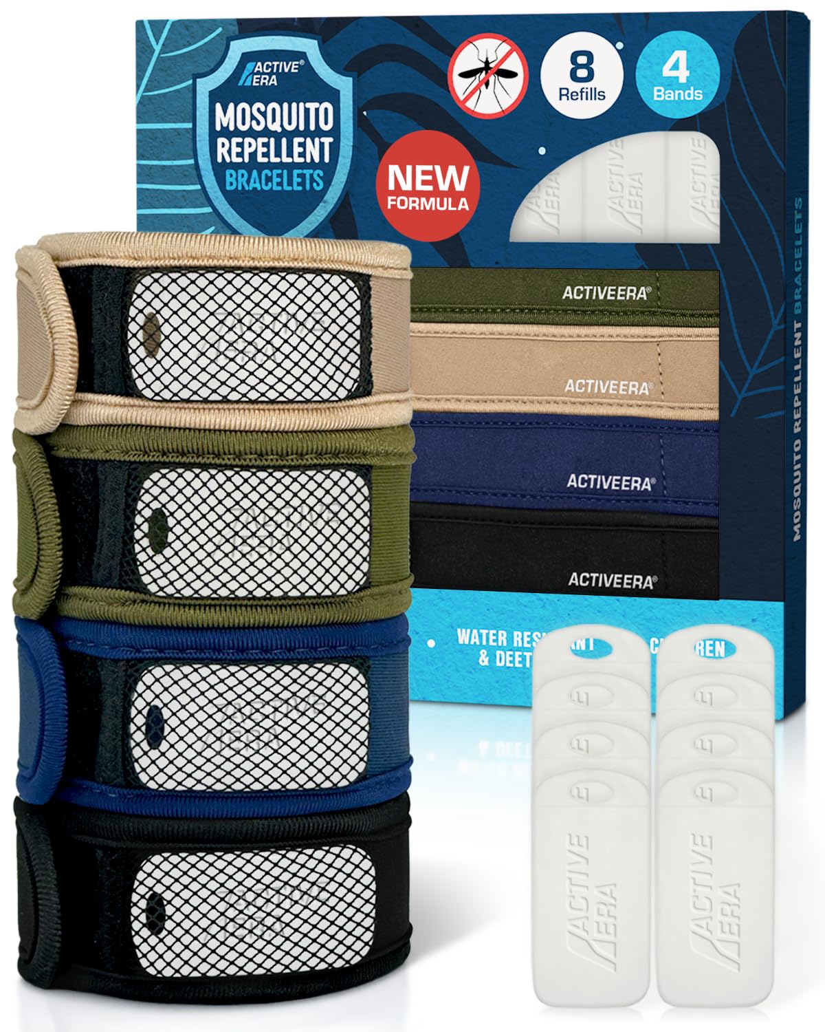 Active Era Mückenschutz Armband (4 Stk), Mückenabwehr Outdoor, Camping - Anti Mückenarmband Kinder & Erwachsene + 8 Nachfüll Tab - Nachfüllbar, Wasserfest, bis zu 80 Tage Schutz, 100% DEET frei
